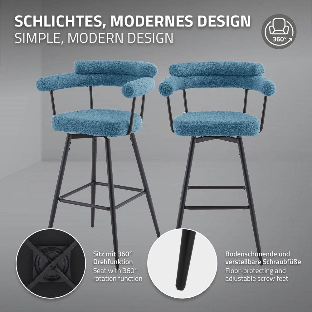 ML-DESIGN Barhocker Gepolsterter Barstuhl mit Rückenlehne und Fußstütze, 360° drehbar (2 St), 2er Set Bistrohocker aus Teddy-Stoff, Drehstuhl Hocker Tresenhocker