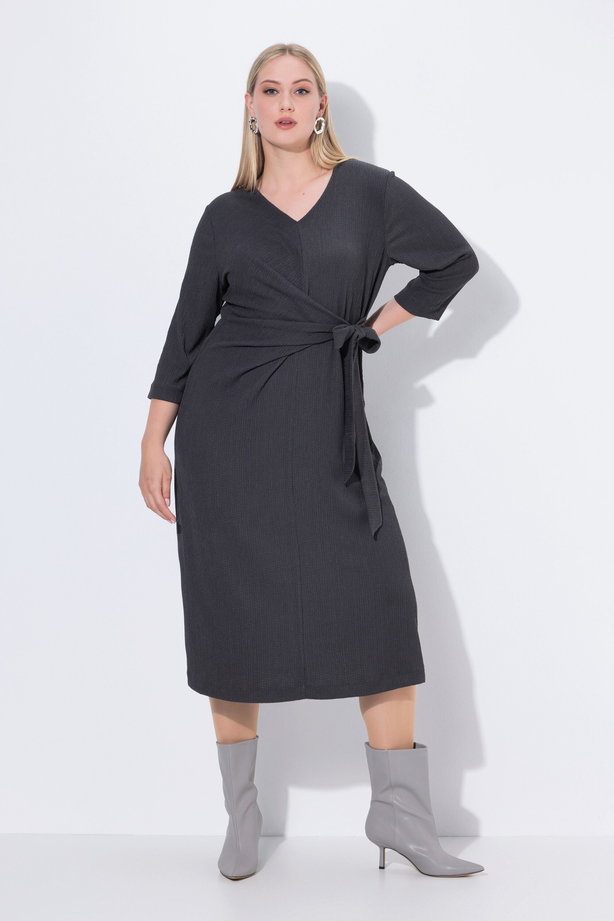 Ulla Popken Jerseykleid Wickel-Midikleid V-Ausschnitt Bindegürtel 3/4-Arm günstig online kaufen