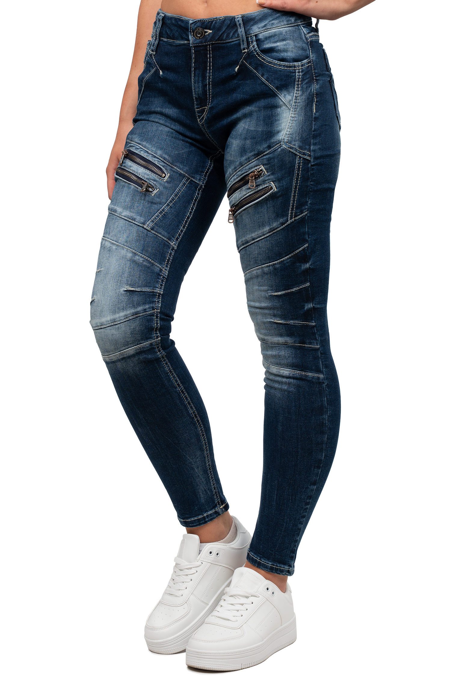 Cipo & Baxx Slim-fit-Jeans Damen Slim Fit Biker Hose Stonewashed BA-WD501 Camouflage Muster mit Aufgesetzten Reißverschlüssen – Bild 3 von 5