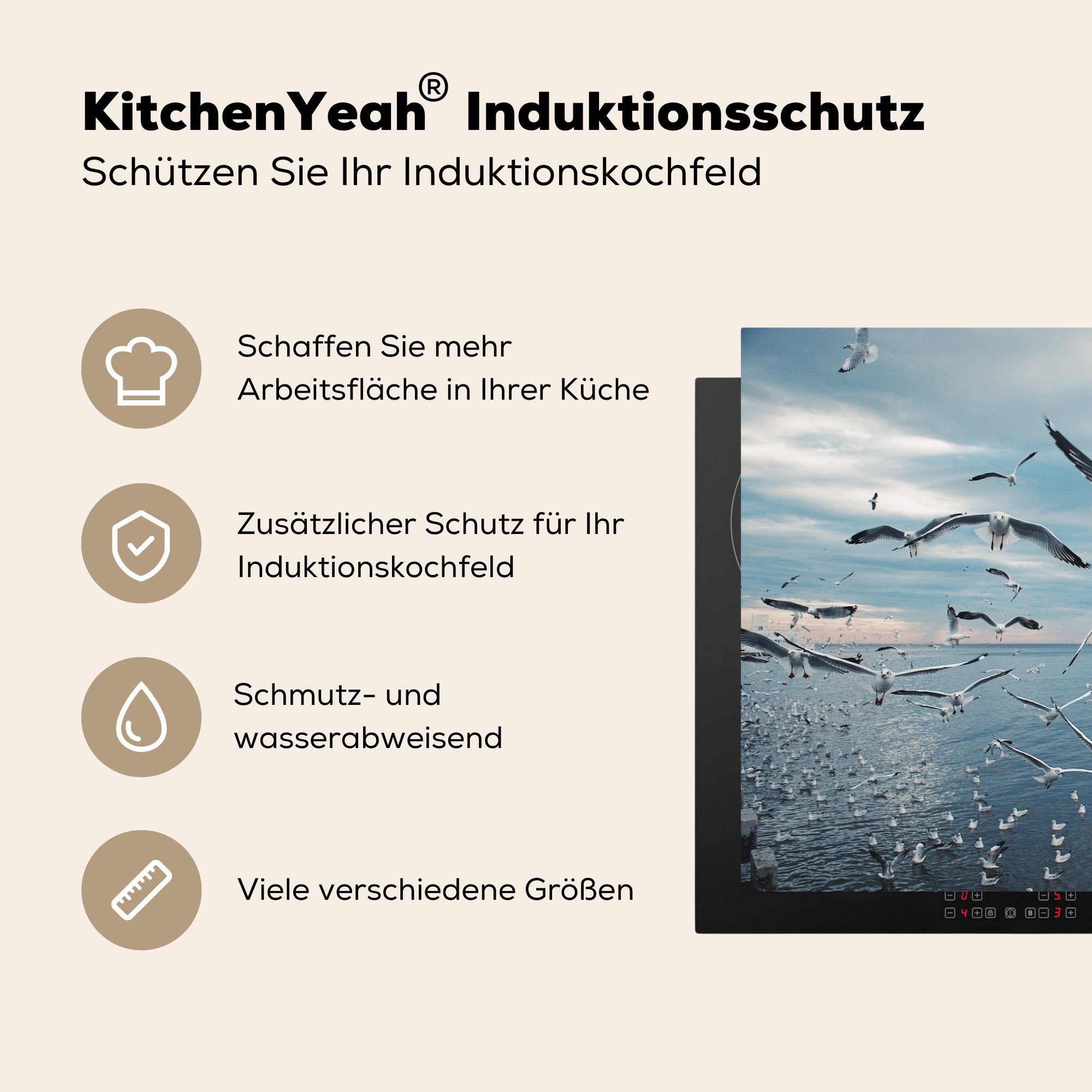 Vinyl, cm, Meer Schutz Herdblende-/Abdeckplatte - 81x52 MuchoWow küche, die Induktionskochfeld - Ceranfeldabdeckung (1 tlg), Vogel für Schwarm,