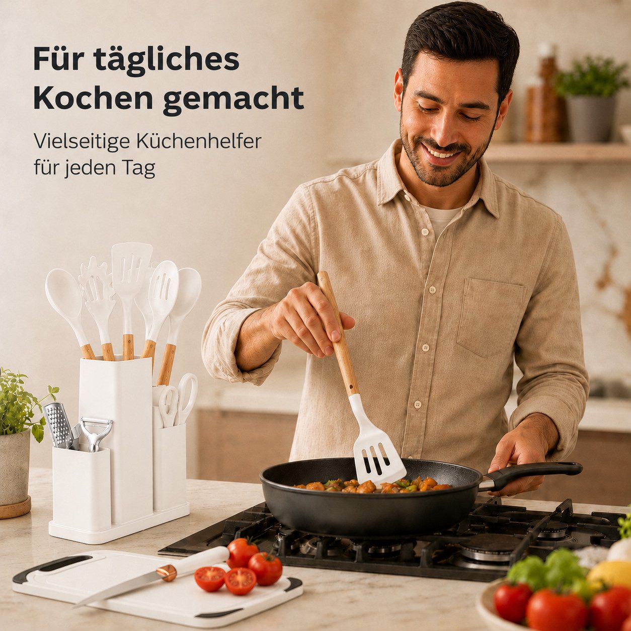 Diyarts Kochbesteck-Set (für beschichtete Pfannen, inklusive Kochmesser, Komplettset mit 20 Küchenhelfern für vielseitiges Kochen), Schonende Silikon-Küchenhelfer mit Holzgriffen & Messer im Set