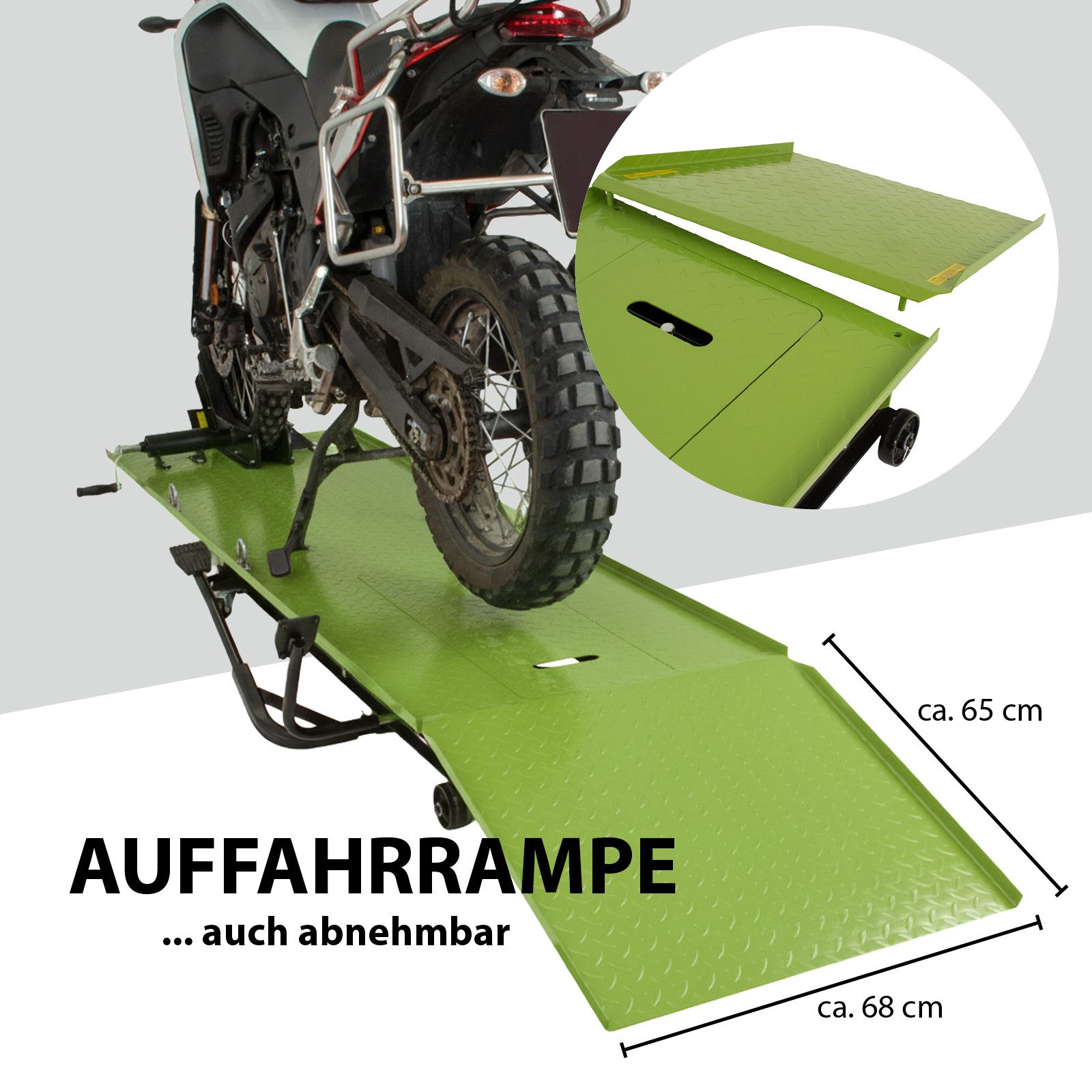 TRUTZHOLM Hydraulikheber Motorradhebebühne hydraulisch 450 kg Extra-Breit 68 cm Heber, Extra-Breit 68 cm für große Motorräder, abnehmbare Auffahrrampe