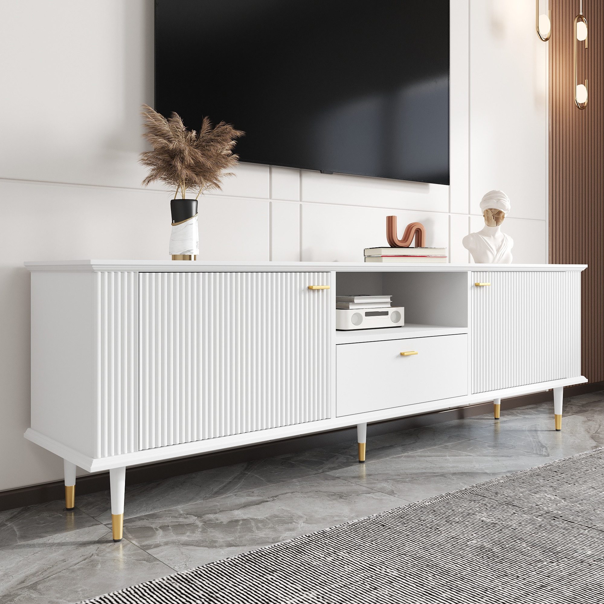 BlingBin TV-Schrank 170x36x54.5cm Mit Schubladen Und Fächern Lackierte Strukturoberfläche (1 Stück, 1-St., 170x36x54.5cm) Medienmöbel Modern Mit Soft Close Scharnieren Für Wohnzimmer