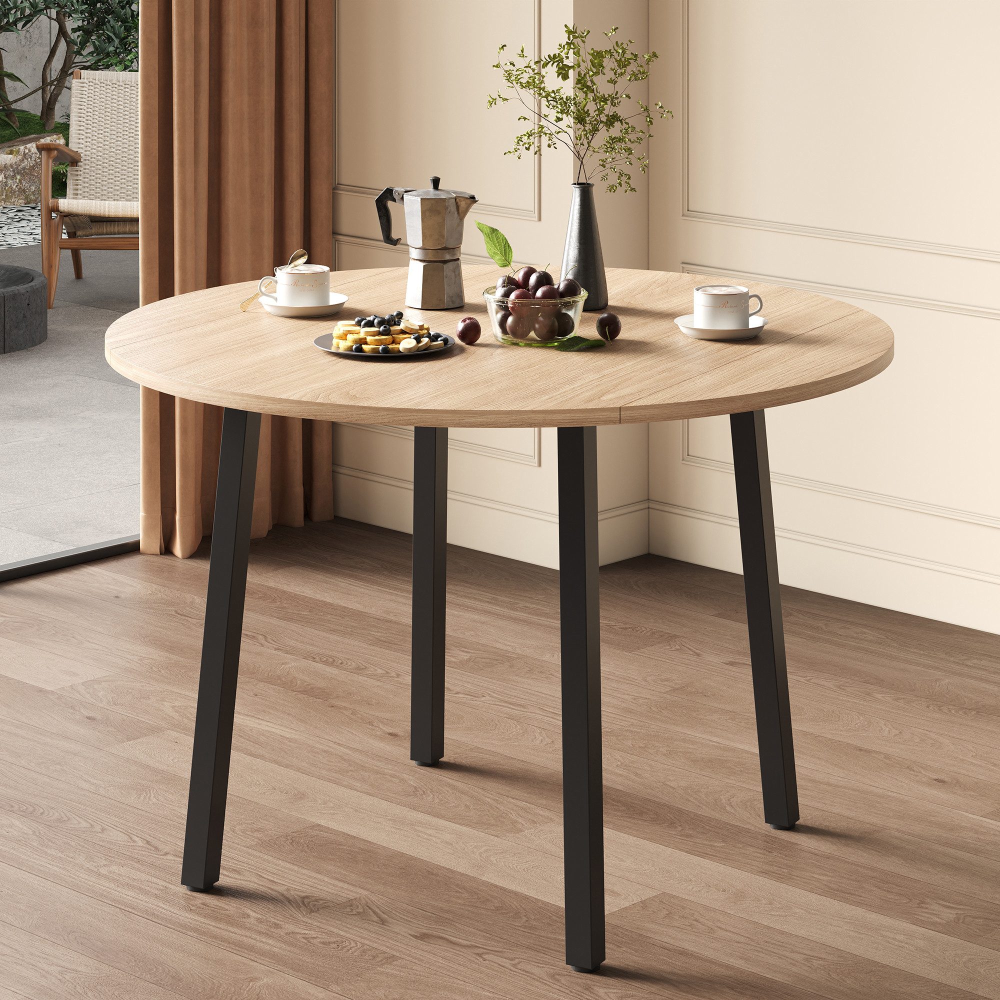 OKWISH Esstisch Klappbarer Beistelltisch 100x100 cm, MDF Eichenfarbe. (Packung, 1-St., klappbare Tischplatte, geeignet für kleine Wohnungen, Eichenfarbe), für 2-4 Personen, rund, Metallbeine