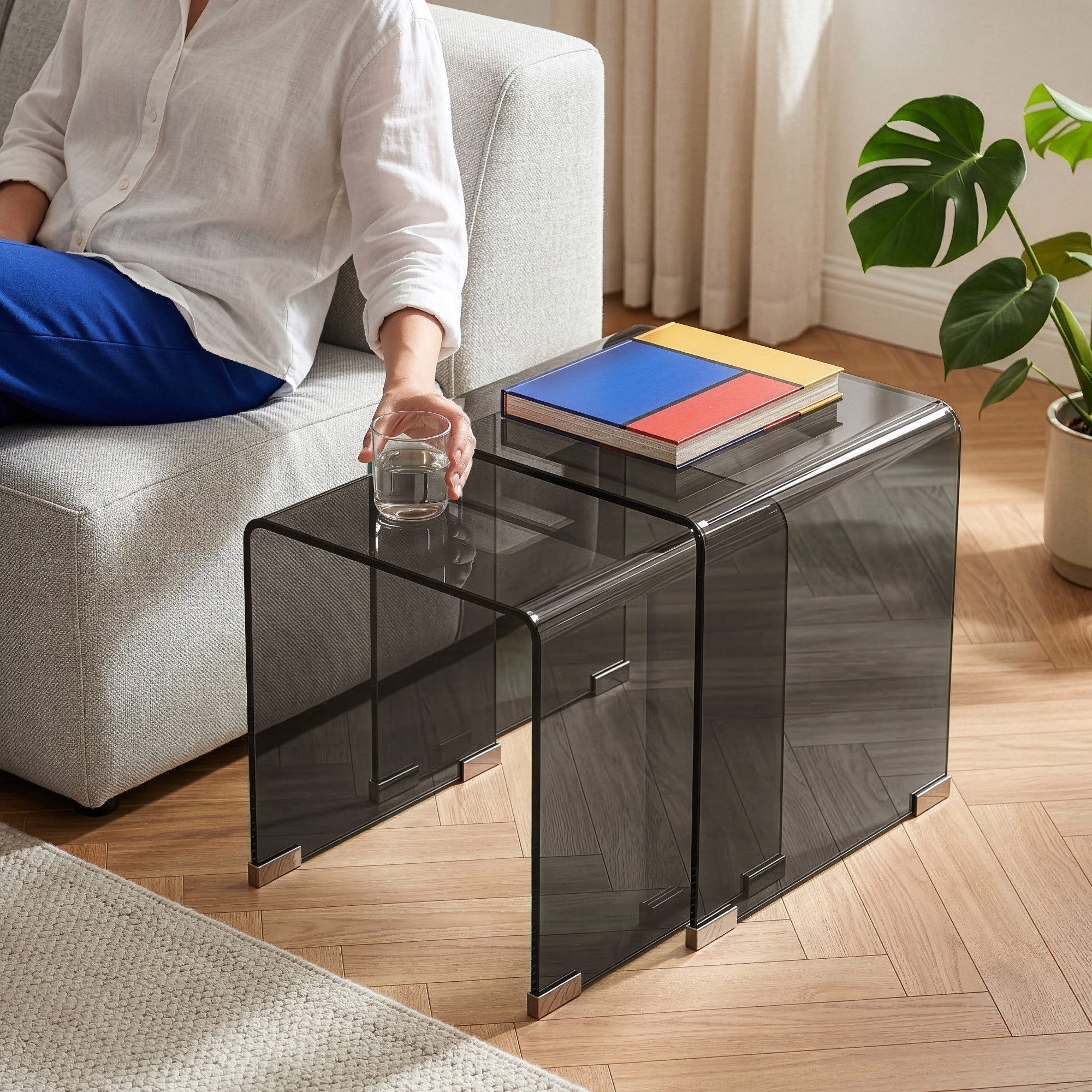 en.casa Satztisch, »Kariengem« 2-tlg. Couchtisch-Set Glastischen Dunkelgrau