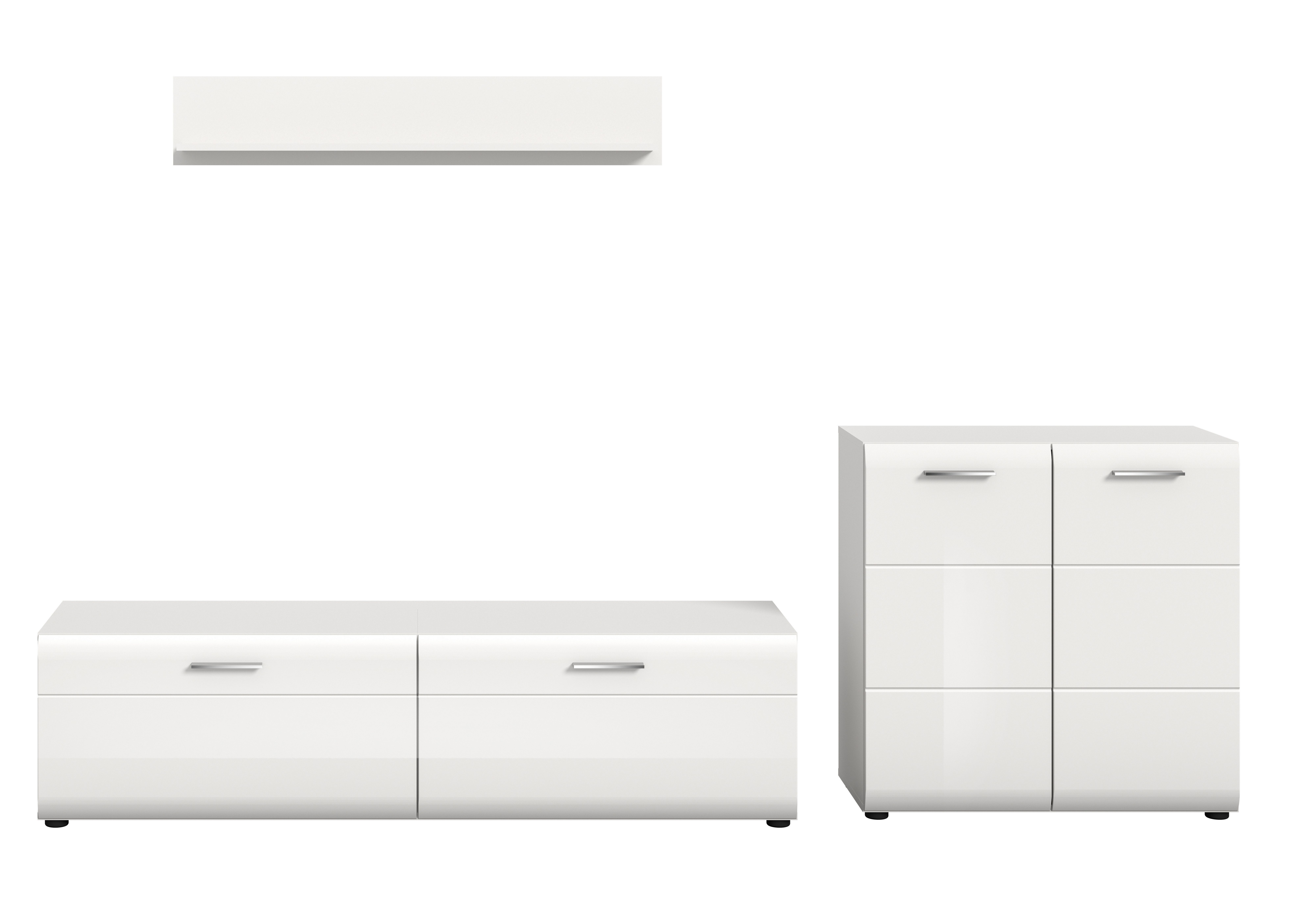 furnling Wohnzimmer-Set Ivy, (3-St., Kommode, Lowboard, Wandboard), hochwertige MDF Front mit Rillenfräsung, weiß Hochglanz, Breite 255 cm