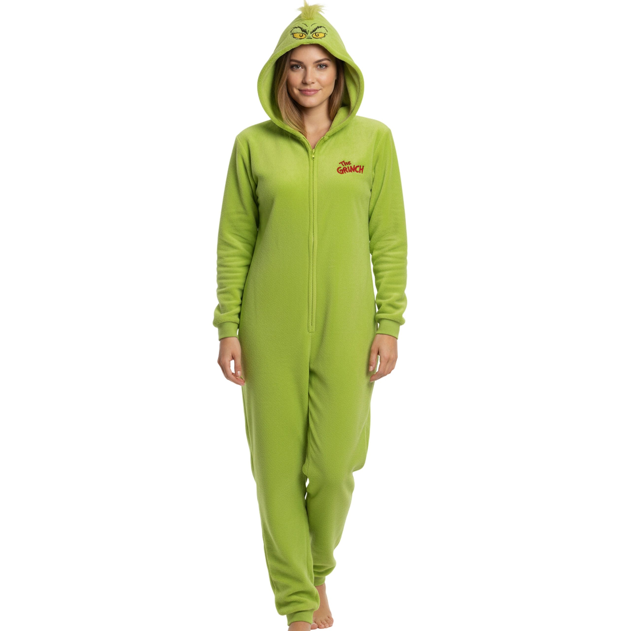 Sarcia.eu Schlafoverall Grinch Fleece-Einteiler mit Reißverschluss, warmer Damen-Onesie Kapuze