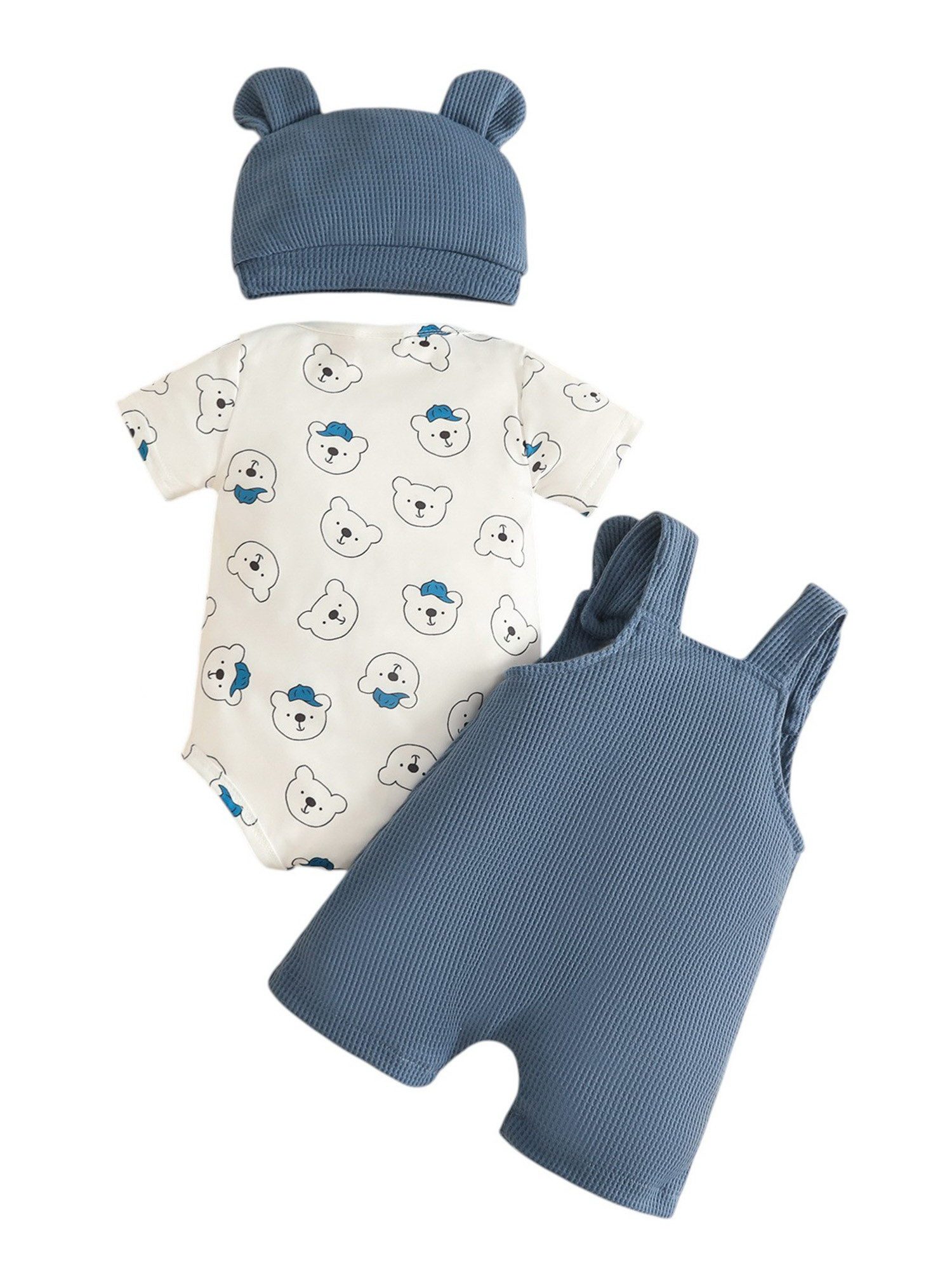 Lapastyle Strampler Baby Jungen Freizeitanzug, Sommer Set für Neugeborene mit Bärenabdruck (Set, 3-tlg) Kurzarmshirt & Latzhose & und Mütze, Niedliches Set, Festliche Kostüme
