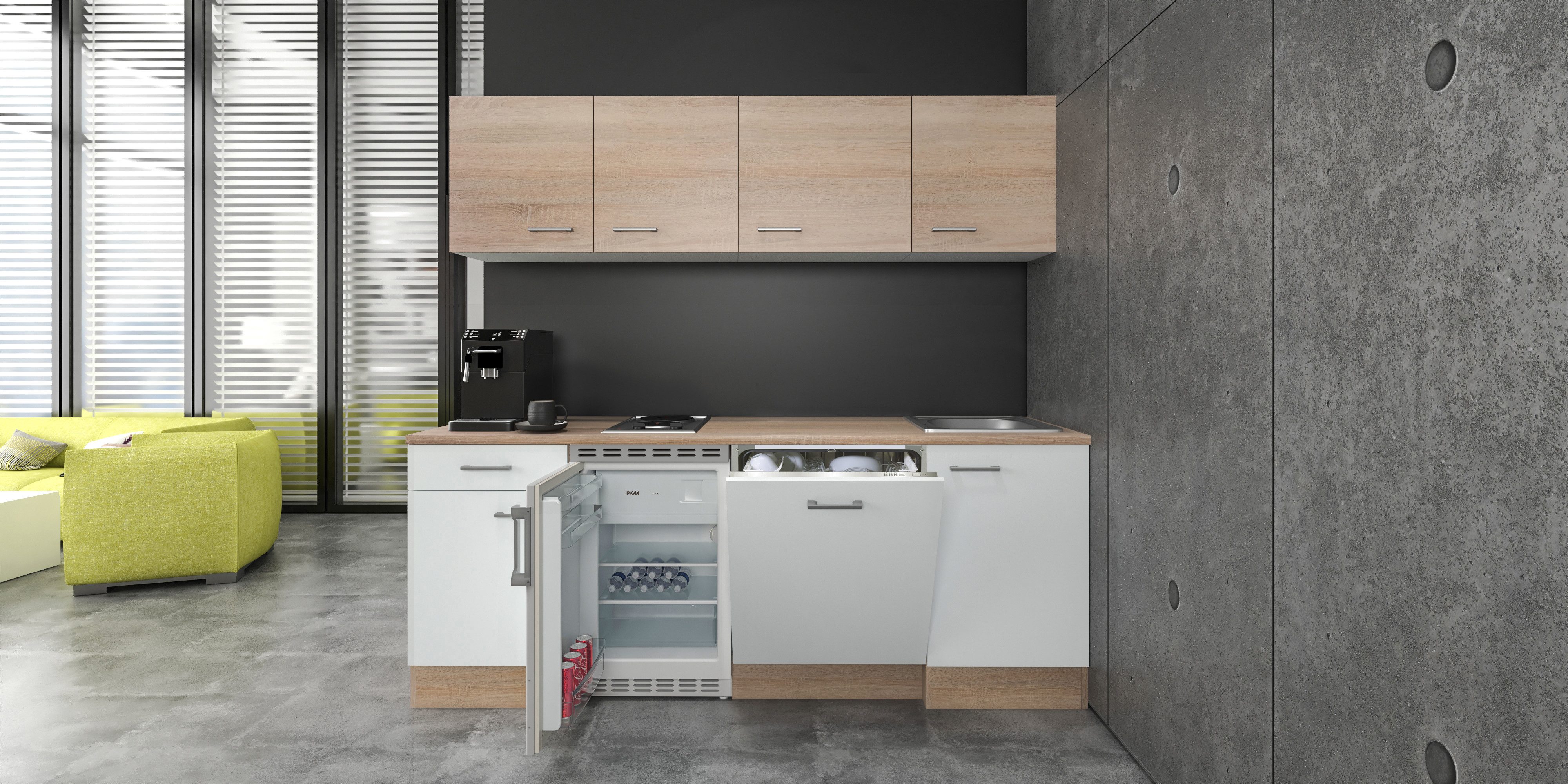 Flex-Well Küchenzeile Samoa, Breite 210 cm, inkl. Geschirrspüler, Officeküche, wahlweise mit 2 Plattenkochfeld und/oder Mikrowelle