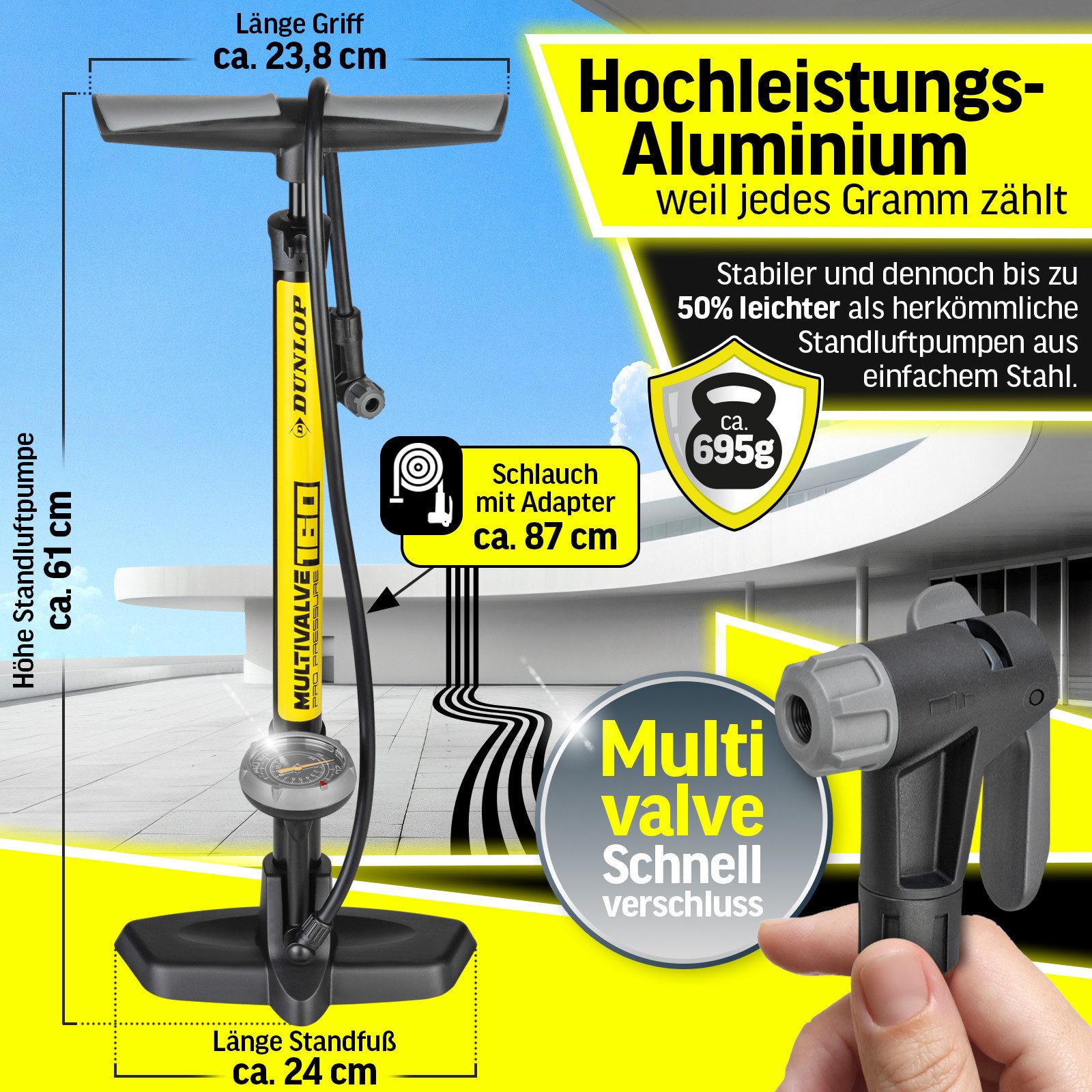 Dunlop Fahrradpumpe Luftpumpe Premium Standpumpe Fahrradpumpe alle Ventile bis 11 bar, Premium Standpumpe aus Aluminium bis 11 bar