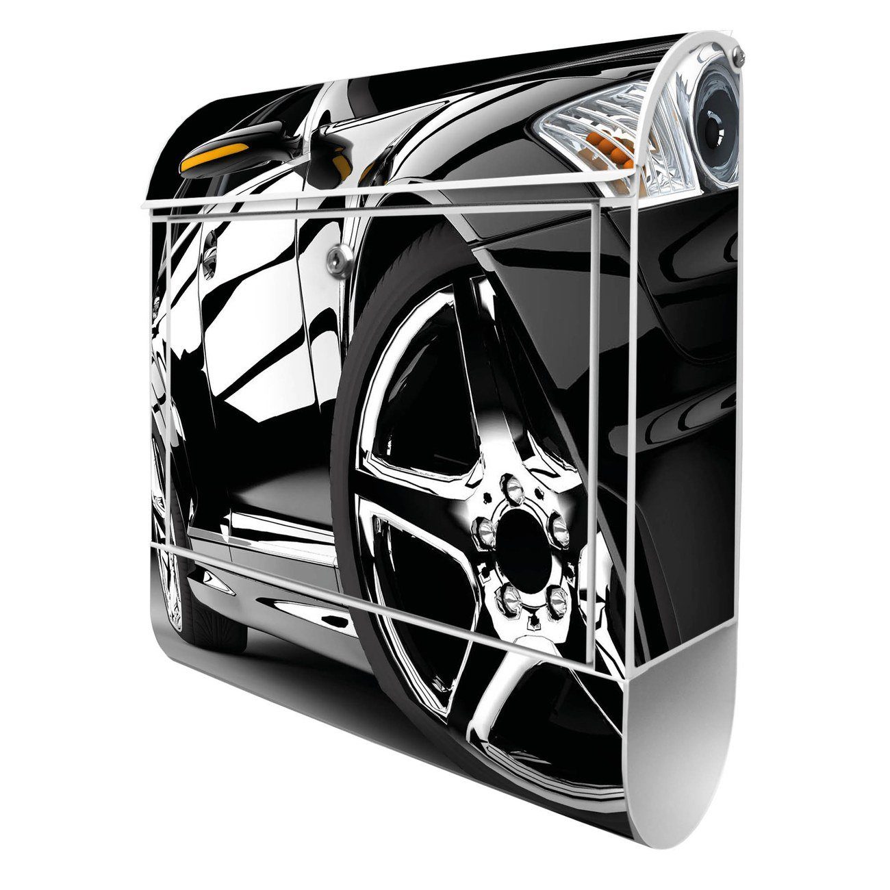 banjado Wandbriefkasten Stahl Luxus Car (Wandbriefkasten witterungsbeständig, pulverbeschichtet, mit Zeitungsfach), 39 x 47 x 14cm weiß