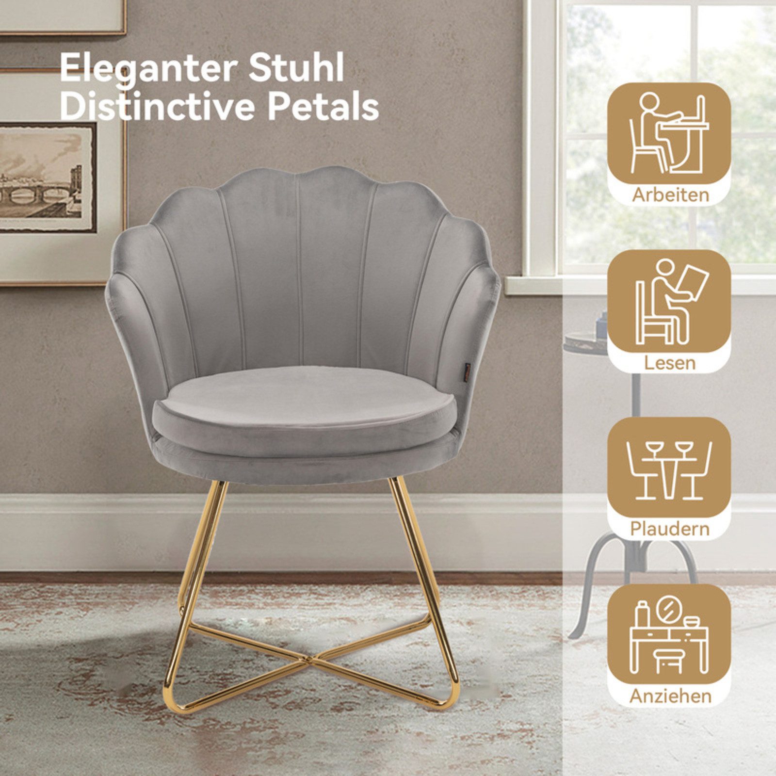 HawthyHome Polsterstuhl Polstersessel mit Blütenblatt-Rückenlehne & Goldene Metallbeine (1 St), ideal für Esszimmer & Schminktisch – Bild 5 von 5