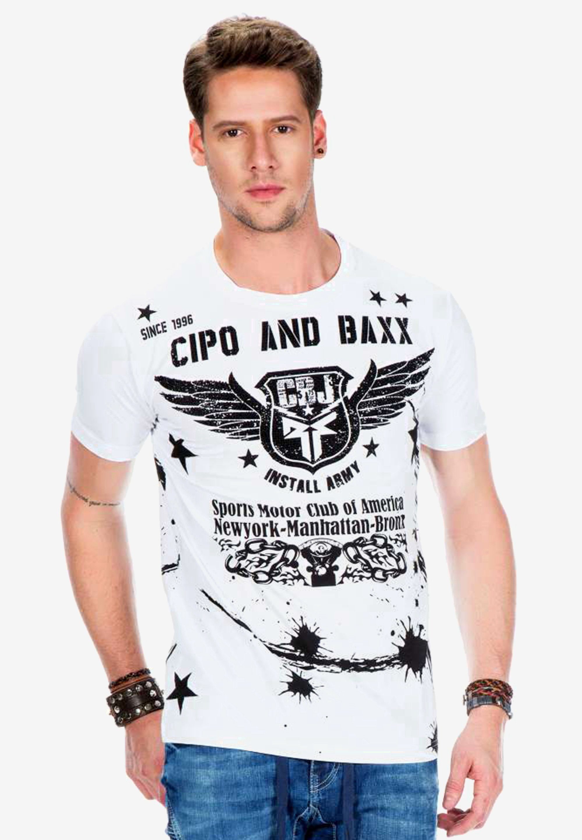 Cipo & Baxx T-Shirt mit coolem Print im Bikerstil weiß