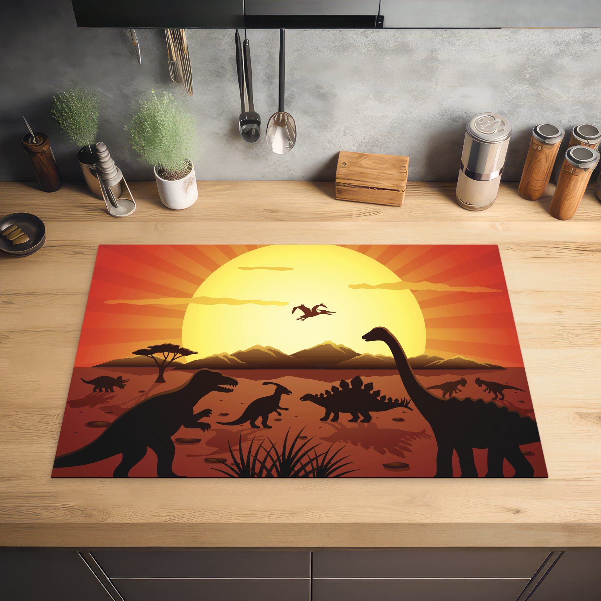 - MuchoWow Dino Natur (1 Ceranfeldabdeckung, Herdblende-/Abdeckplatte - Arbeitsplatte - cm, Sonne Kinder Jungen, Zeichnung für 77x51 tlg), - - Vinyl, küche