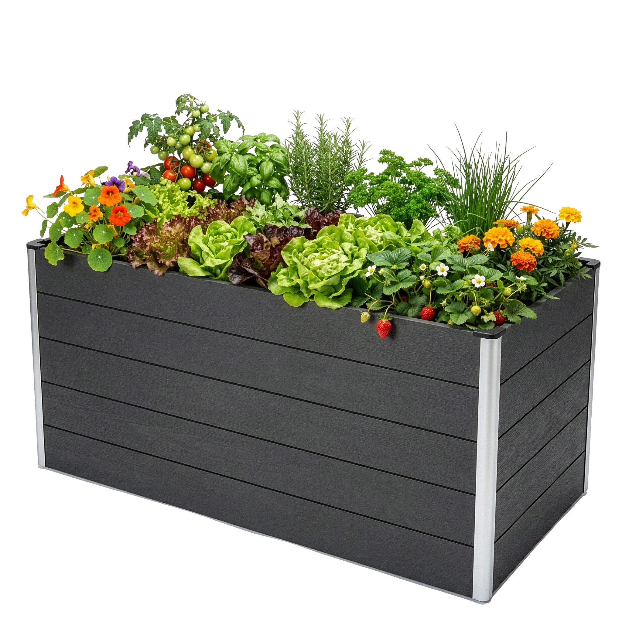 Floordirekt Hochbeet Kasos 150x70x75 cm, aus WPC Garten Hochbeet anthrazit, wetterfest (1 St., für Gemüse, Kräuter oder Blumen), rückenschonend mit offenem Boden gegen Staunässe, Aluminium Eckpfosten