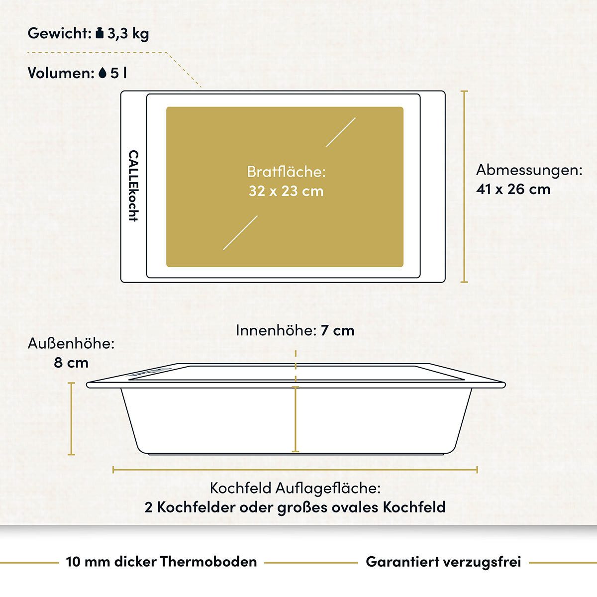 Hoffmann Germany Bräter CALLEkocht Auflaufform Aluguss 41x26 cm mit Deckel – Made in Germany, Aluguss (Set, 2-tlg., 1x Bräter 41x26 cm + 1x Glasdeckel), CALLEkocht, Antihaft, backofenfest bis 250°C, eckig, Induktion