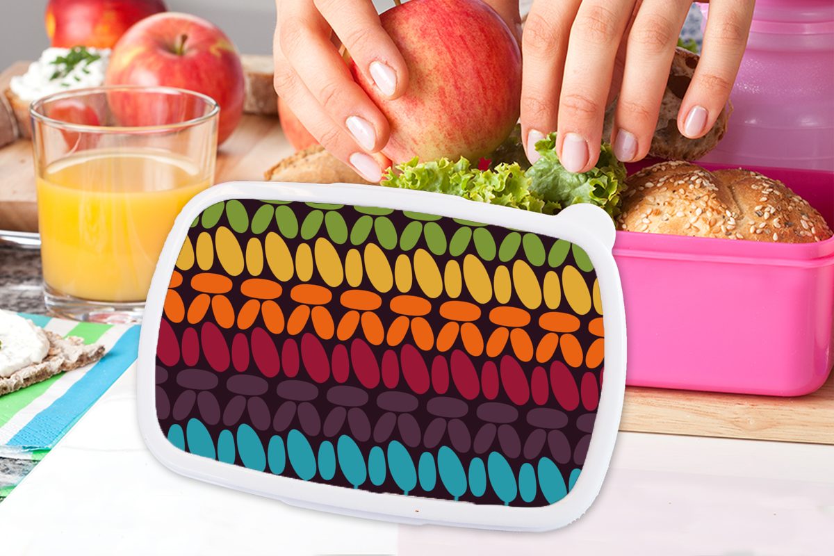 Brotbox rosa Kinder, Regenbogen, Kunststoff - Retro Lunchbox - Kunststoff, Häkelmuster Brotdose Snackbox, Mädchen, Erwachsene, für (2-tlg), MuchoWow