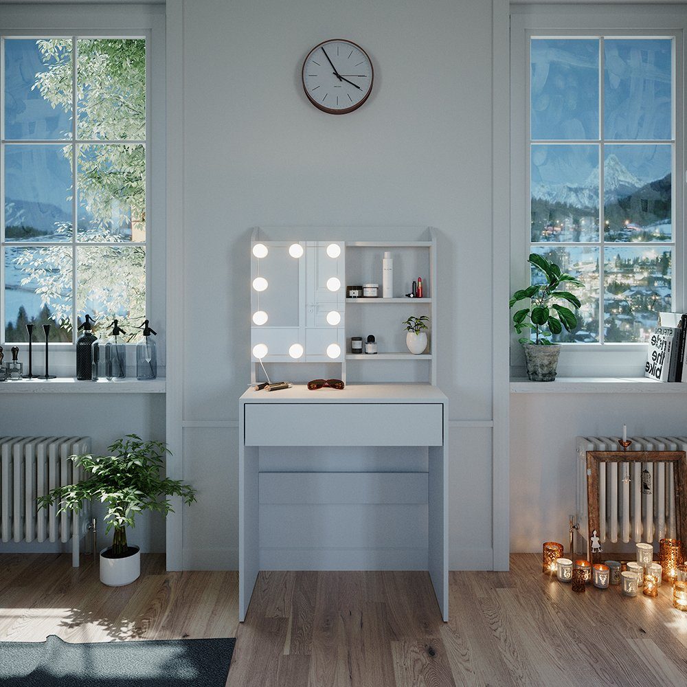 Schminktisch Laura, Weiß, 70 cm mit LED Beleuchtung