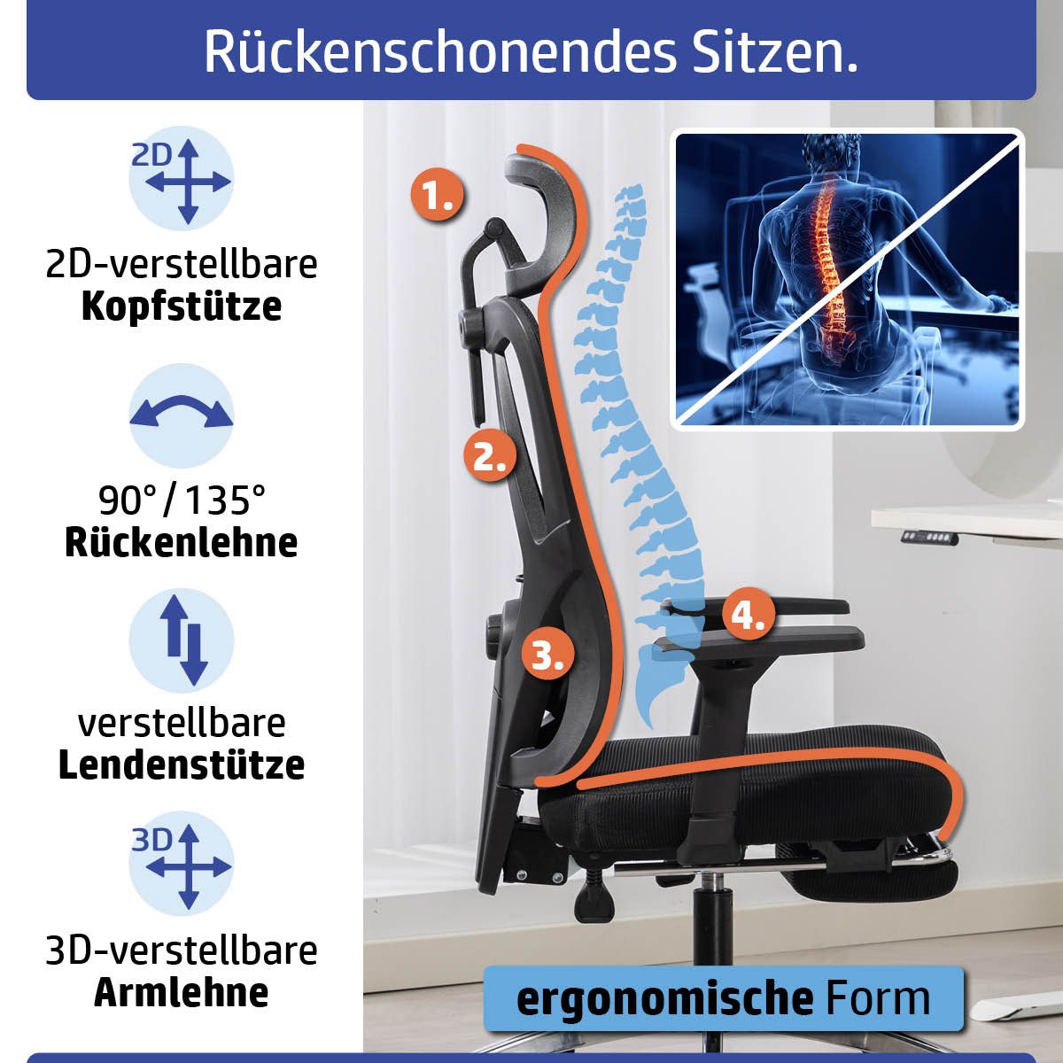 AMBINESS Bürostuhl Schreibtischstuhl, verstellbare Armlehnen & Kopfteil, 6 Modelle (Ergonomisch, stufenlos verstellbare Lendenstütze), inkl. 2 Rollensets, bis 150kg
