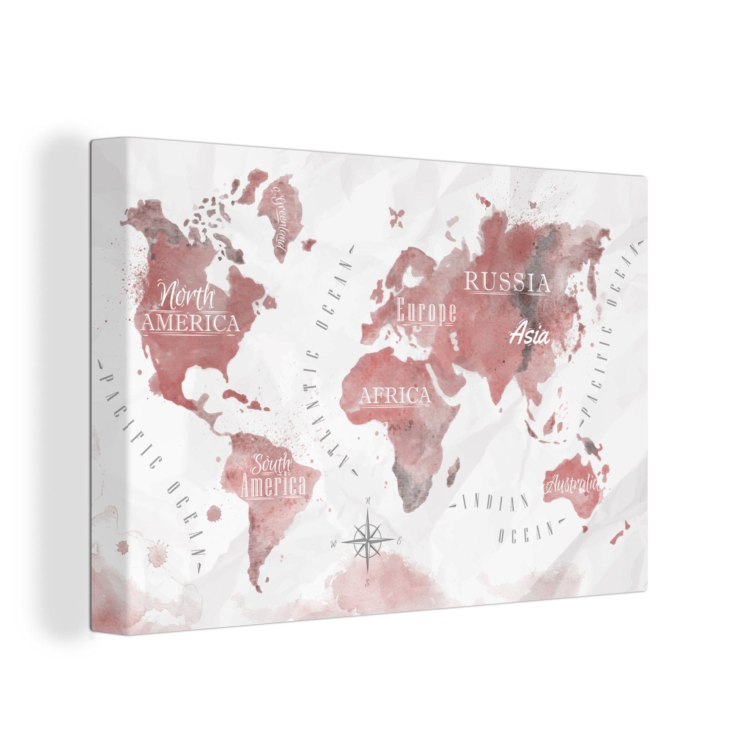 OneMillionCanvasses® Leinwandbild Weltkarte - Farbe - rosa, (1 St), Wandbild Leinwandbilder, Aufhängefertig, Wanddeko, 30x20 cm