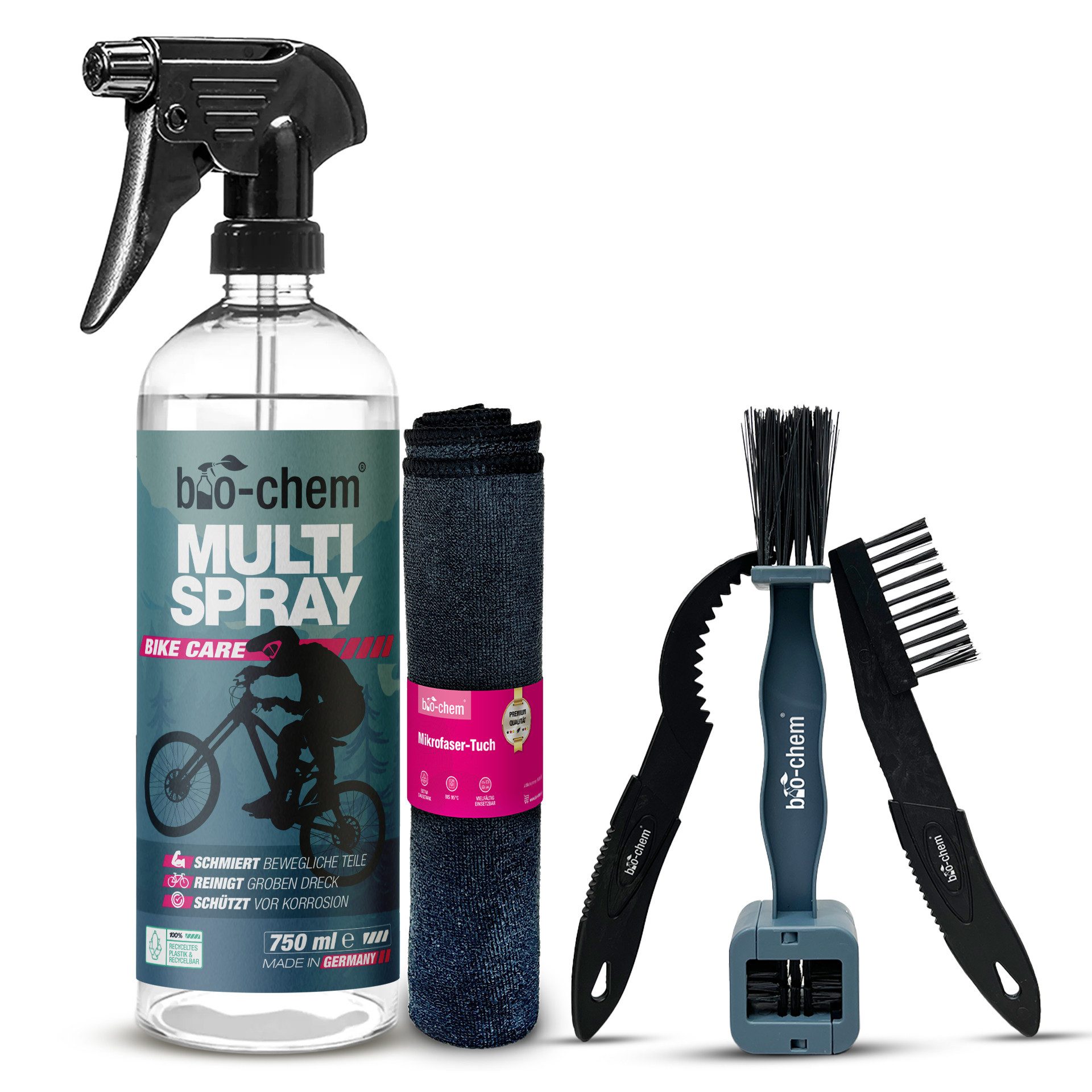 bio-chem bio-chem Multispray 750 ml – Kettenreiniger & Schmiermittel Zweiradreiniger (Sparpaket, [- Multispray 0.75 l Handsprayflasche + Zubehör Reinigt, schmiert & schützt in einem Schritt)