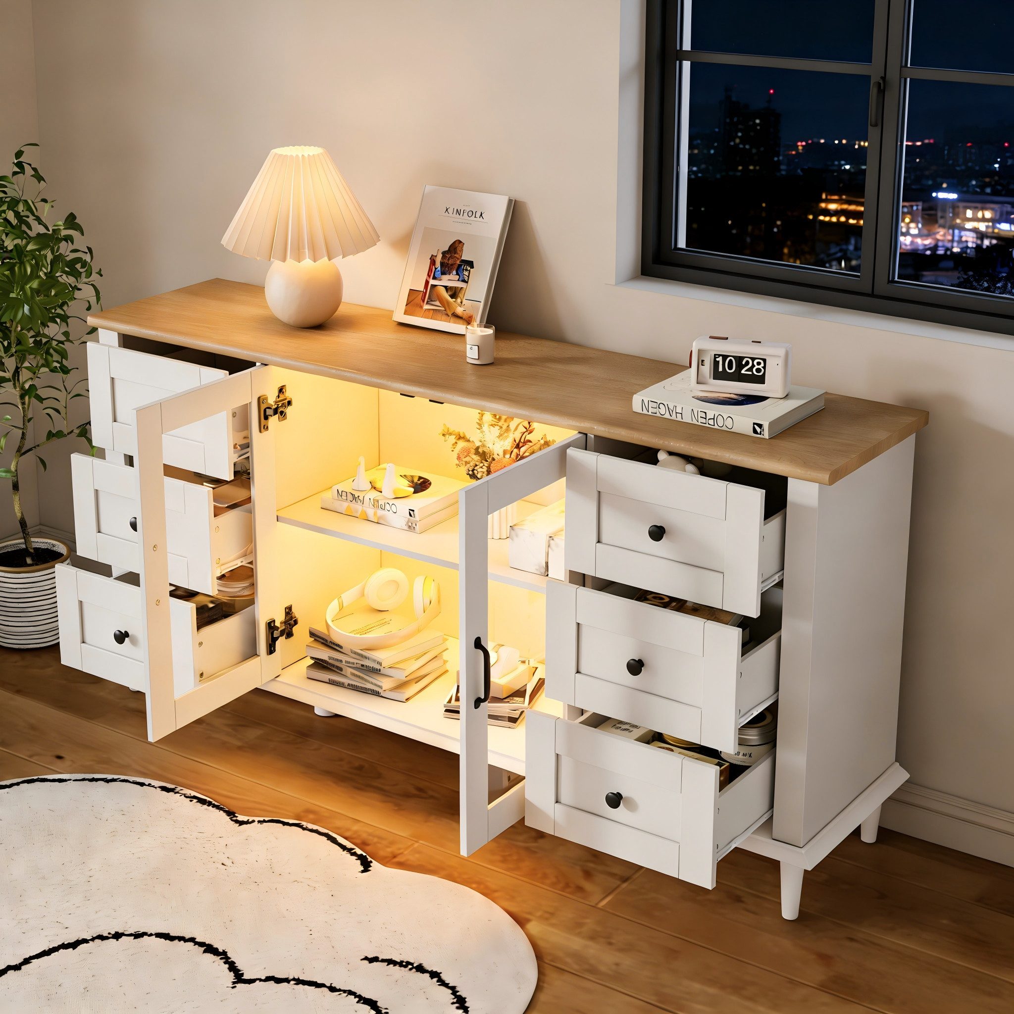 STILVORA Sideboard Sideboard Wohnzimmerschrank Aufbewahrungsschrank mit Schublade (Lowboard mit Doppel Acryl Türen und LED-Leuchten,Dämpfungsscharnieren, Esszimmerschrank mit breite grifflose Schließfächer), Anrichte, Stauraummöbe Weiß + Holzton