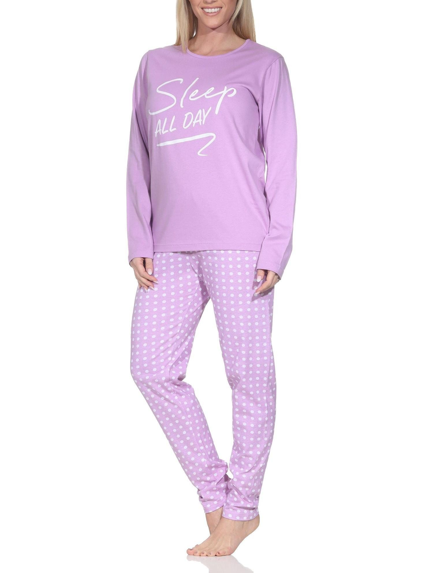 Normann Pyjama Normann Damen Schlafanzug langarm mit Punkte Pyjamahose und Frontprint