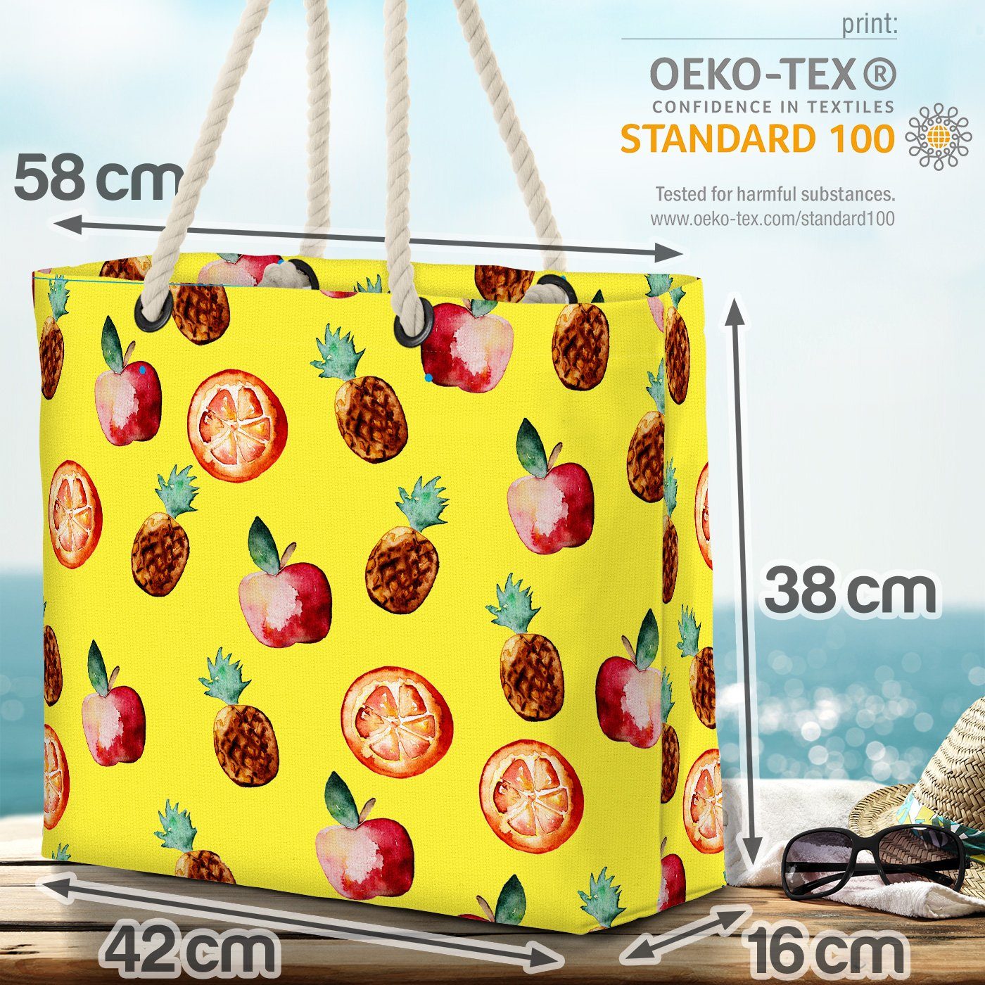 VOID Strandtasche Küche Bag Früchte gemustert Beach (1-tlg), Äpfel Obst kochen Essen Orangen Ananas