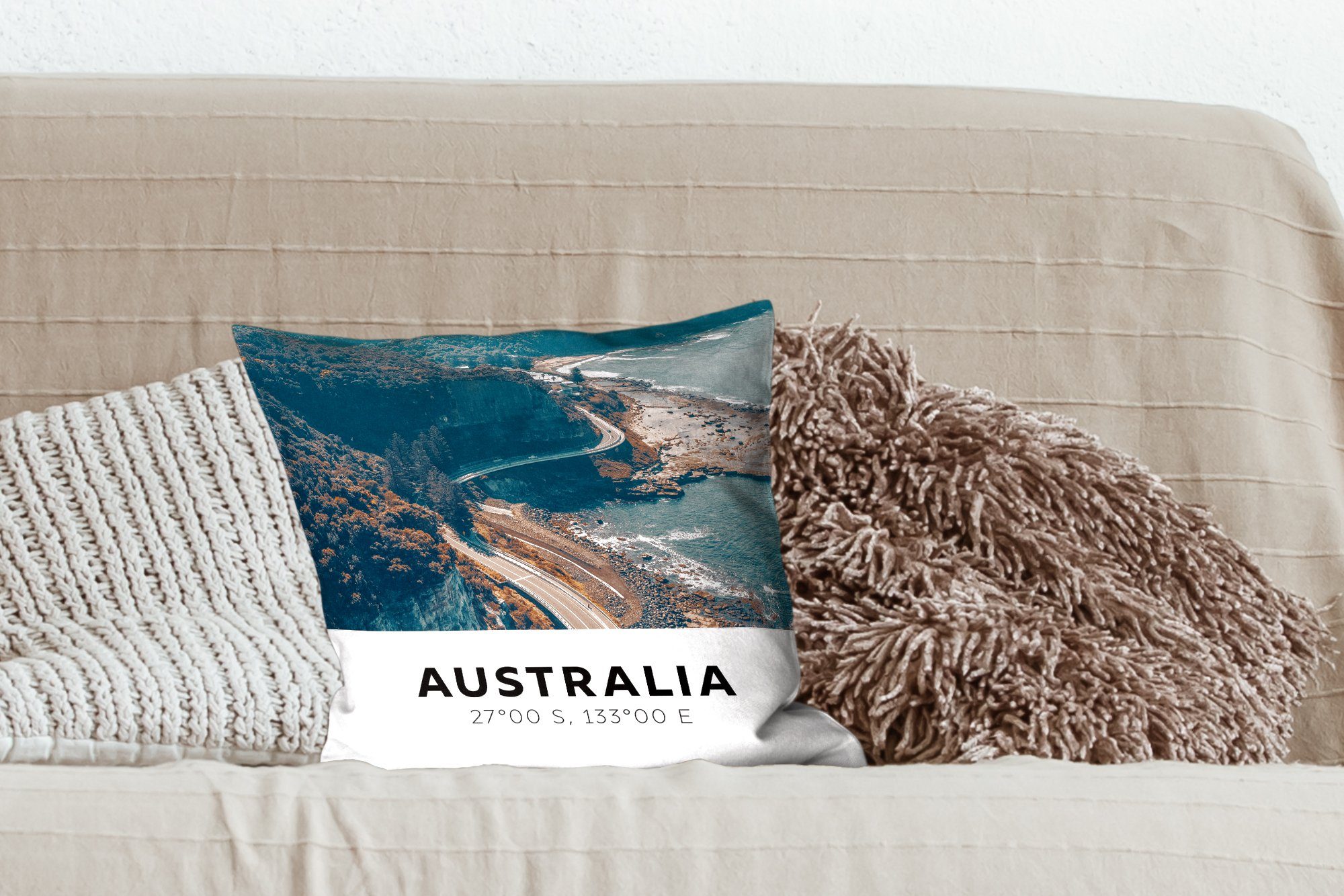 MuchoWow Wohzimmer, Schlafzimmer, Deko, Zierkissen Dekokissen mit Straßen, für Sofakissen - Meer - Füllung Australien