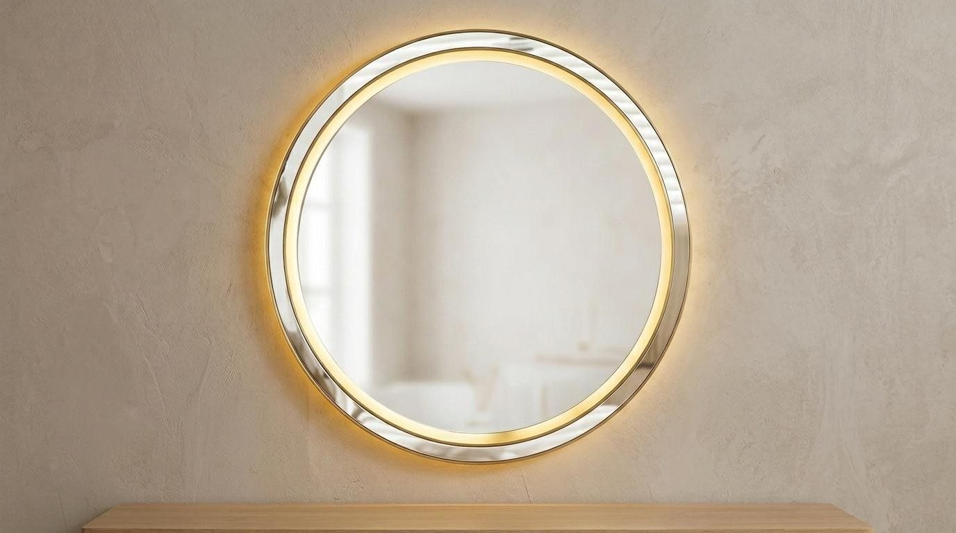 Xlmoebel Wandspiegel Beiger runder Wandspiegel mit LED – stilvoll und funktional, Made in Europa
