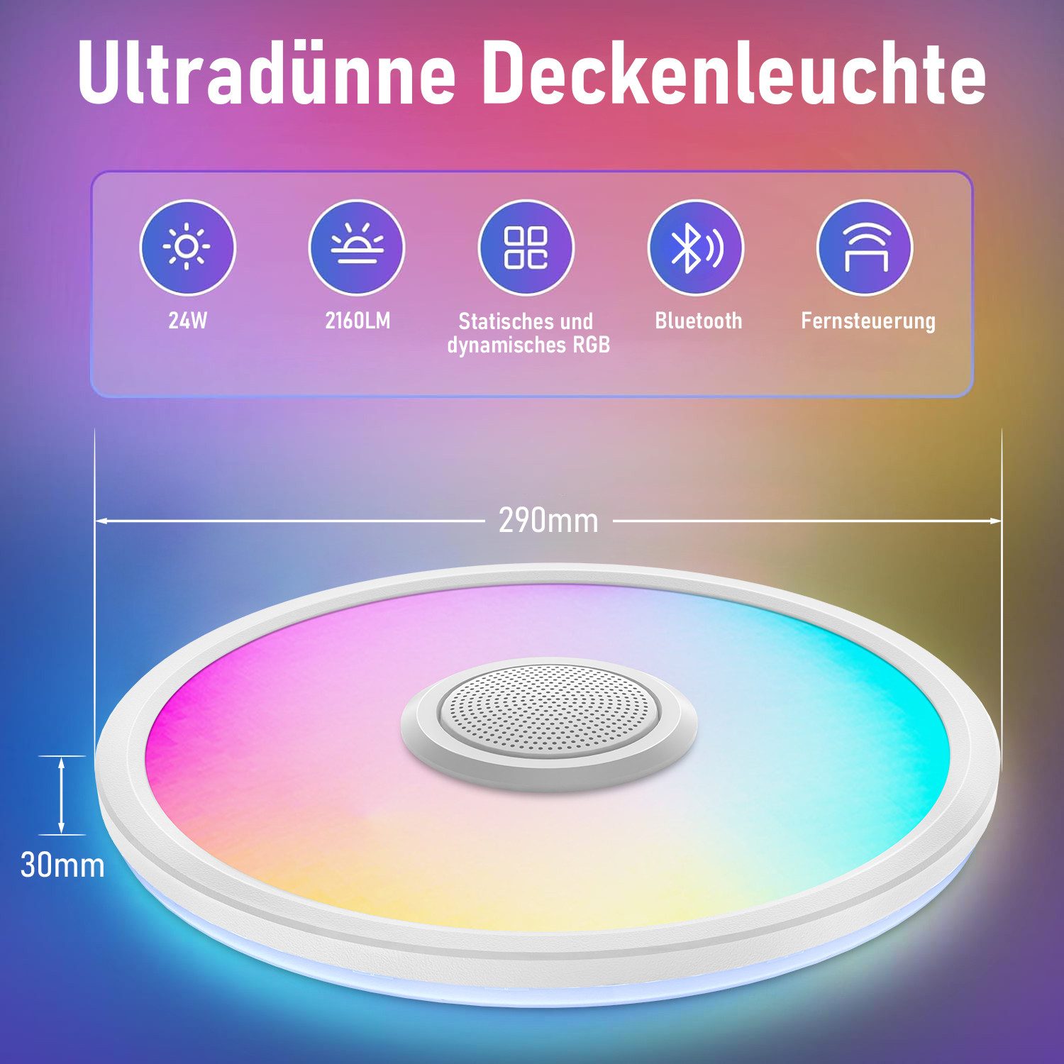 walkbee Deckenleuchte LED Deckenlampe RGB Bluetooth Lautsprecher Fernbedienung APP-Steuerung, LED fest integriert, RGB, Kaltweiß/Naturweiß/Warmweiß, Dimmbar mit Fernbedienung und APP-Steuerung, für Schlafzimmer,Wohnzimme,Kinderzimmer,Party