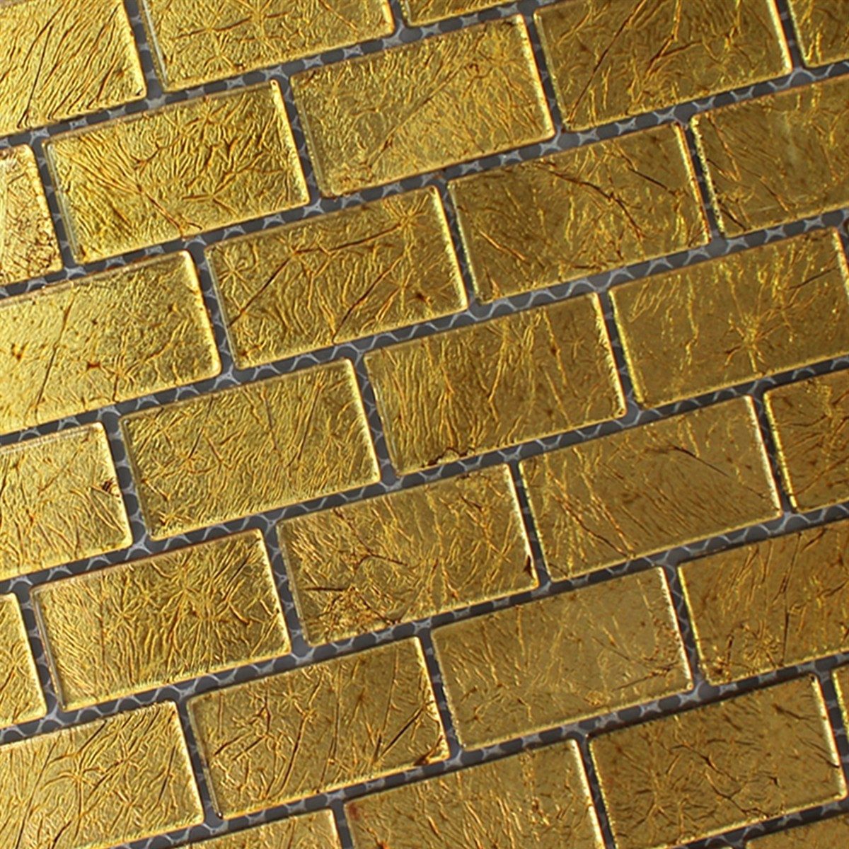 Mosafil Mosaikfliesen Glasmosaik Fliesen Sophia Gold Brick, Glas 30.000x30.000, gold, Verlegefertig auf ein Netz geklebt - Wasserfest
