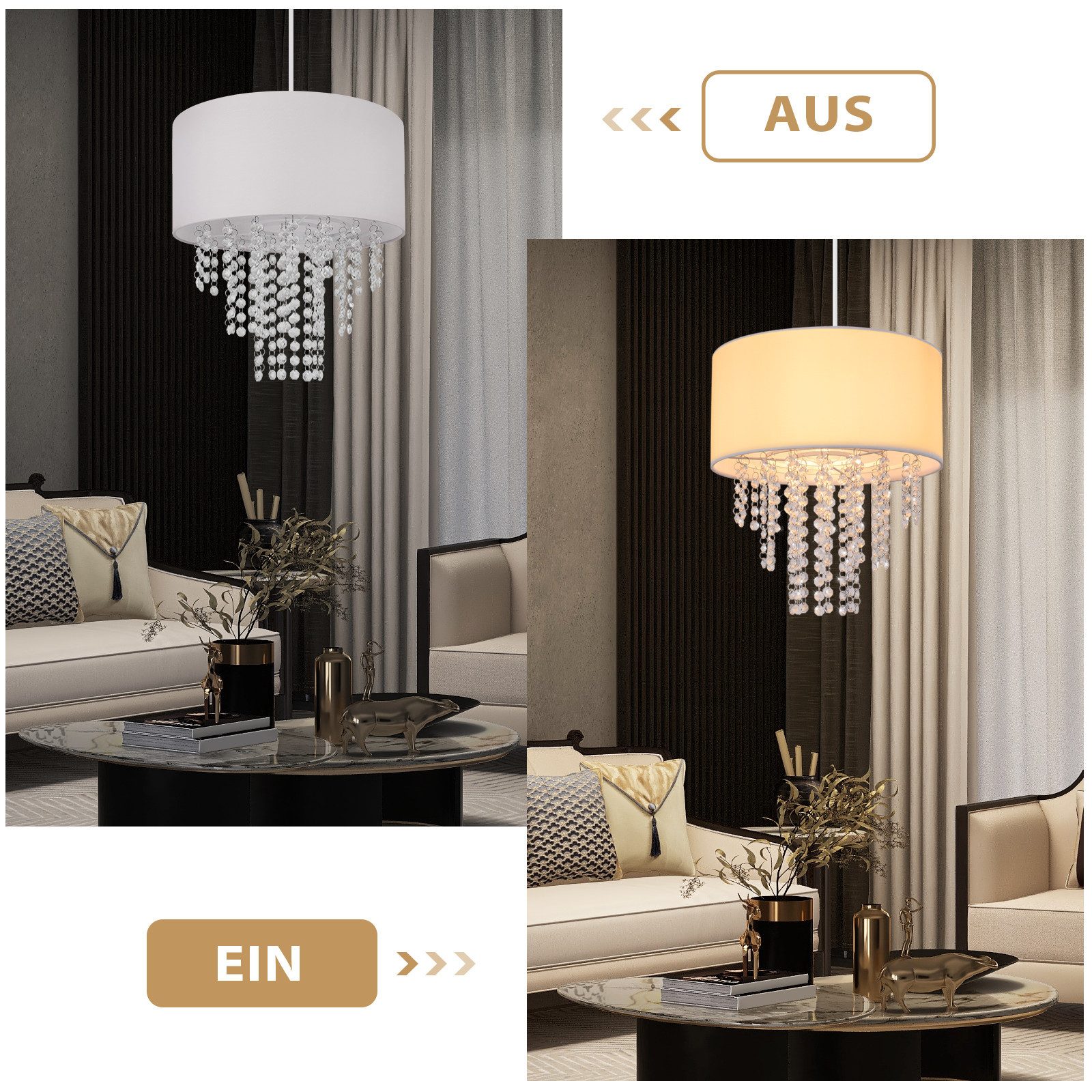 ZMH Pendelleuchte Esszimmer E27 Modern Kristall Stoff Hängeleuchte Wohnzimmer Flur, Einfache Installtion, ohne Leuchtmittel, 192CM Höhenverstellbar Hängend Pendellampe Schlafzimmer