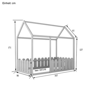 SOFTWEARY Kinderbett Hausbett ohne Lattenrost, Holzbett aus Kiefer (80x160 cm), Einzelbett mit Rausfallschutz