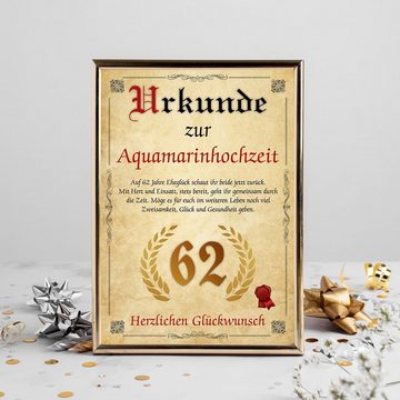 Tigerlino Poster Urkunde zum 62. Hochzeitstag Geschenk 62. Jahrestag Karte Ehepaar, Aquamarinhochzeit