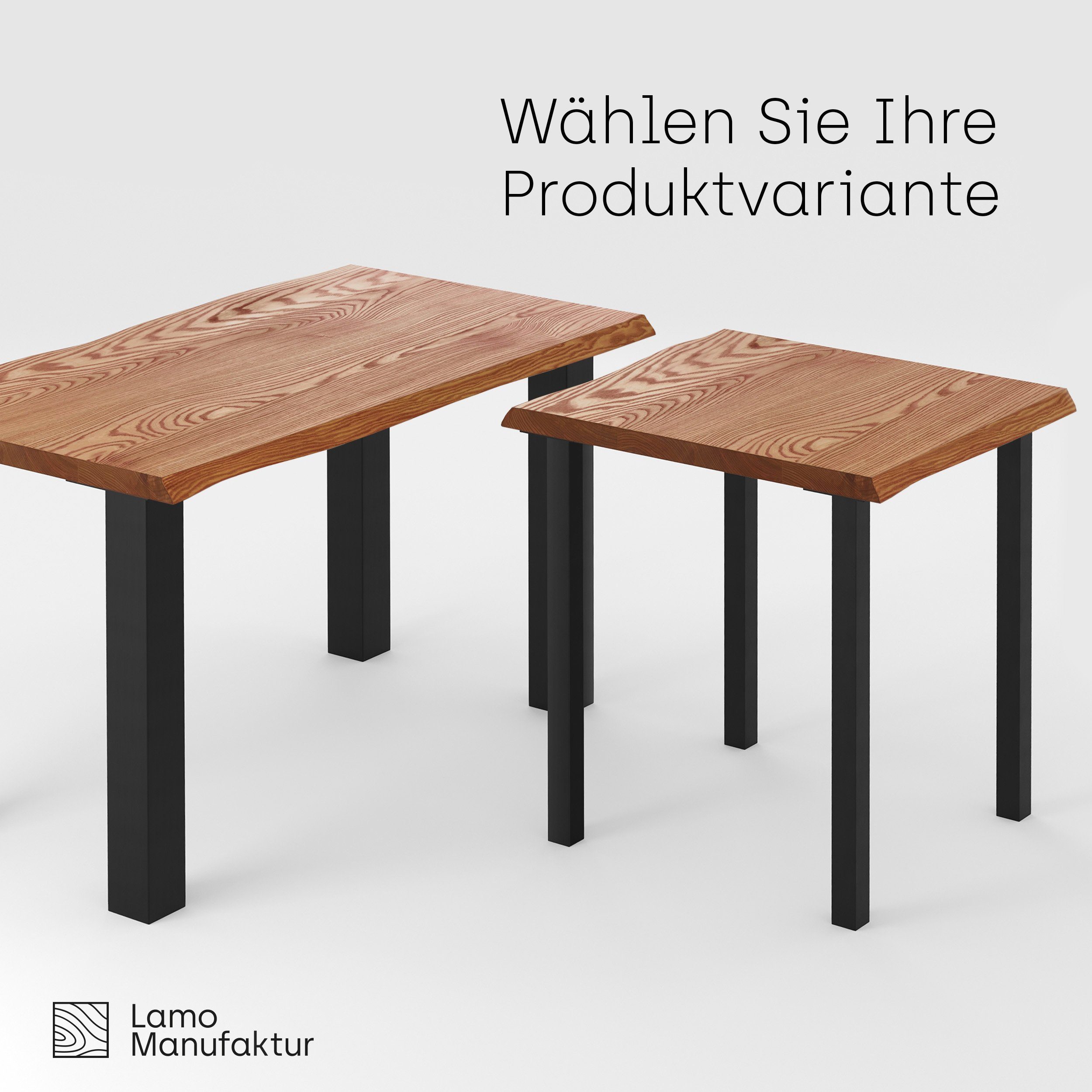 (1 Tisch), | Rohstahl Natur Baumkante Klarlack Manufaktur mit LAMO Massivholz Metallgestell Esstisch Classic massiv inkl. Baumkantentisch