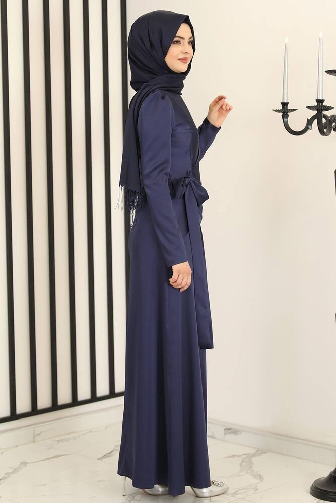 Modavitrini Satinkleid Damen Abendkleid langärmliges Maxikleid Hijab mit Schleife Blau Abiye Navy Abaya
