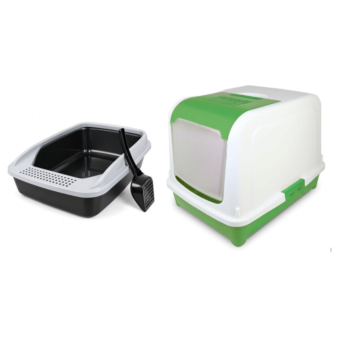 COFI 1453 Katzentoilette 2er-Set- schwarz-graue Schalentoilette und weiß-grüne Haubentoilette, Offene Siebschale und große Haubentoilette mit Klappfront
