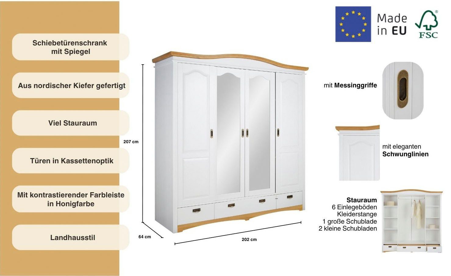 OTTO home Schiebetürenschrank Konrad, Landhausstil, rustikal, mit Schubladen + Spiegel, Kassetten (B/H/T ca. 202 cm x 207 cm x 64 cm) massive Kiefer, FSC®-zerti – Bild 3 von 5