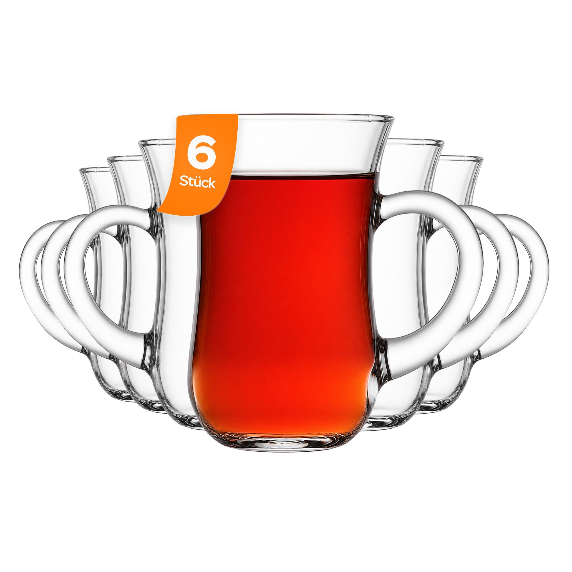 Pasabahce Gläser-Set Keyif Teegläser Set, 6-tlg., Glas, 6er Set mit Henkel, klassisch geformt, 145 ml, spülmaschinenfest