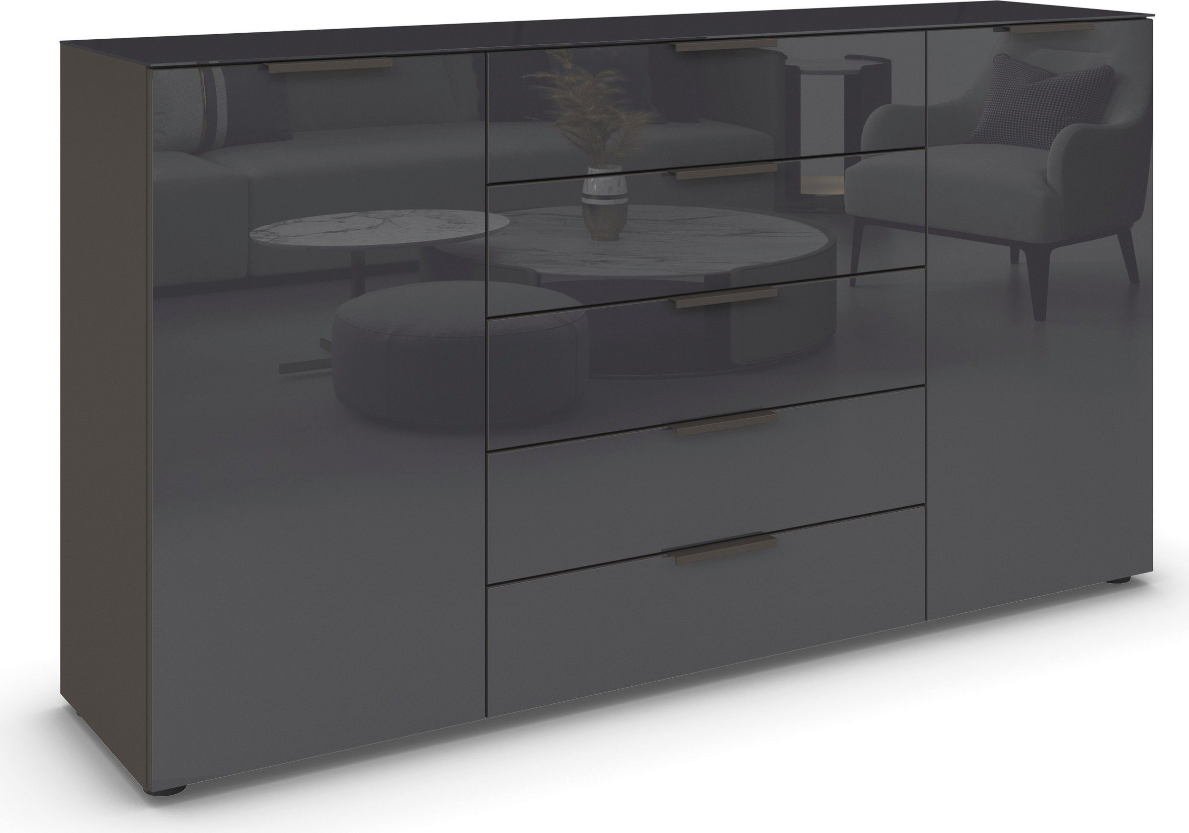 rauch Schubkastenkommode Kommode Türkommode Sideboard Kombikommode FLIPP mit Glasfront (Breite 160/180 cm mit 4 Einlegeböden), 2-türig, 5 Schubladen, Soft-Close, Oberboden und Front Glas, 2 Breiten