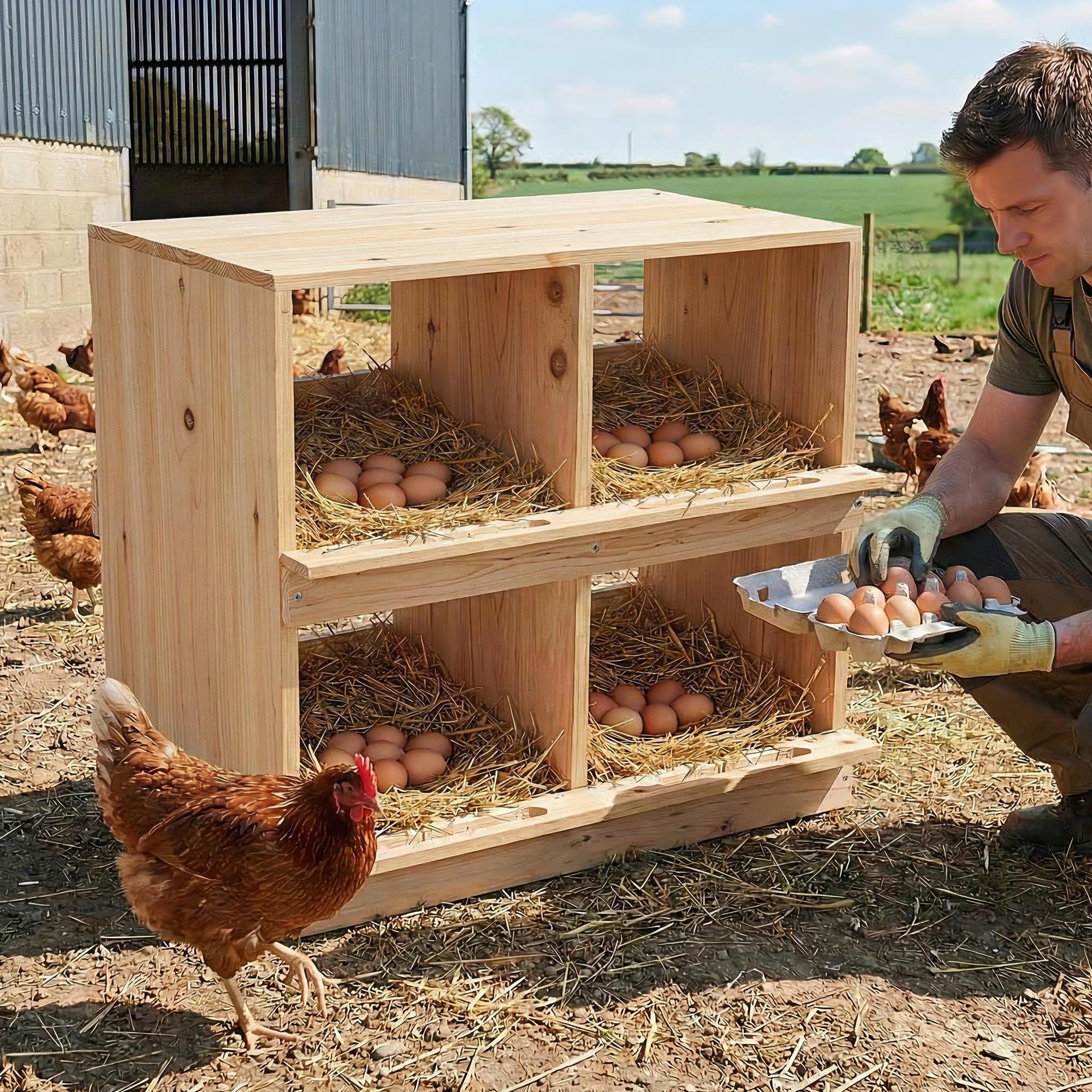 GarveeMore Legenest Huhn Legebox Holz 2 Etagen 4 oder 6 Fächer mit Sitzstange natur, Massivholz, für Hühnerstall und Geflügelhaltung