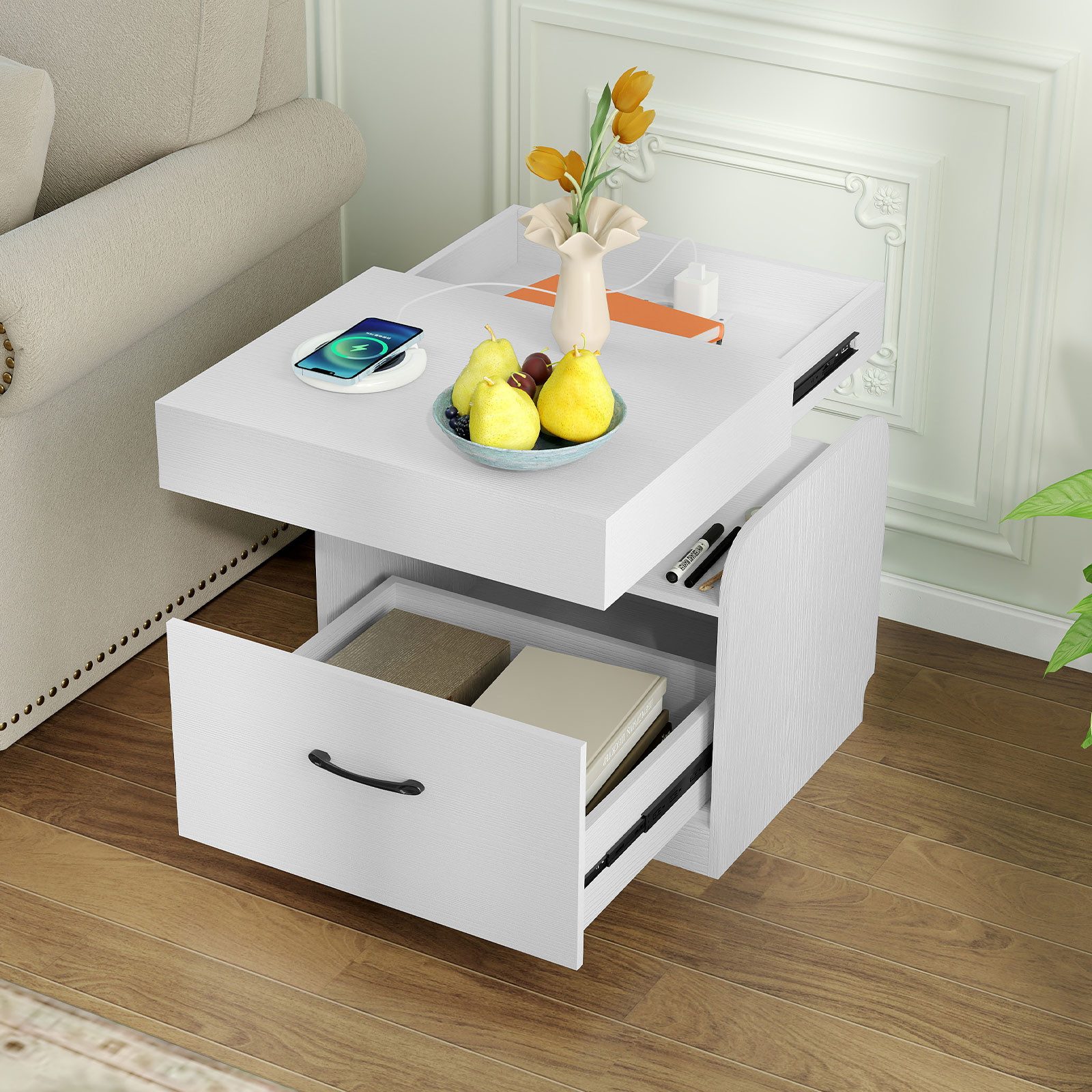 COSTWAY Nachttisch (1-St), Beistelltisch, Sofatisch, mit Ladestation, Schublade