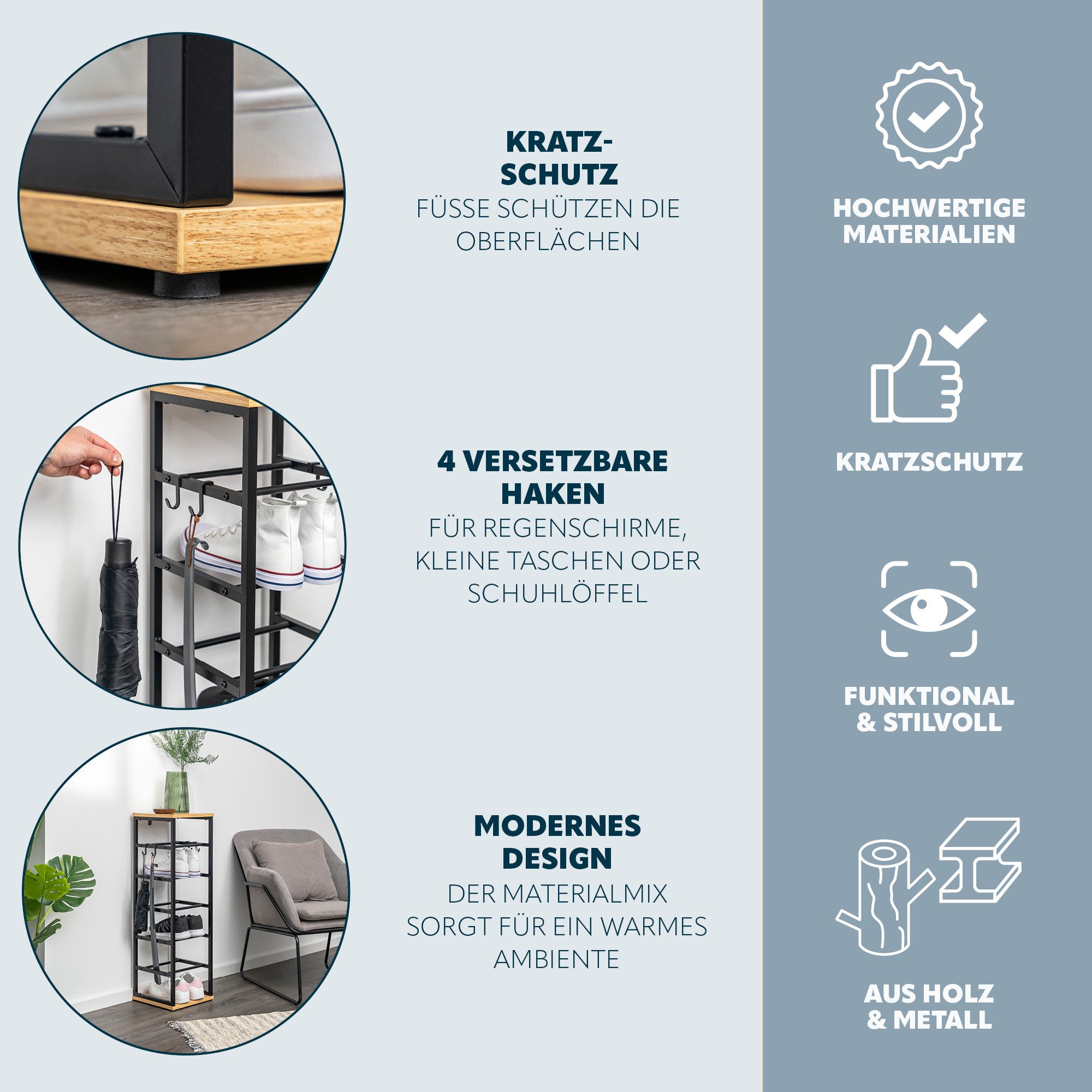 eluno Schuhregal für max. 6 Paar Schuhe, 2 Holzablagen, 4 Haken – Bild 3 von 5