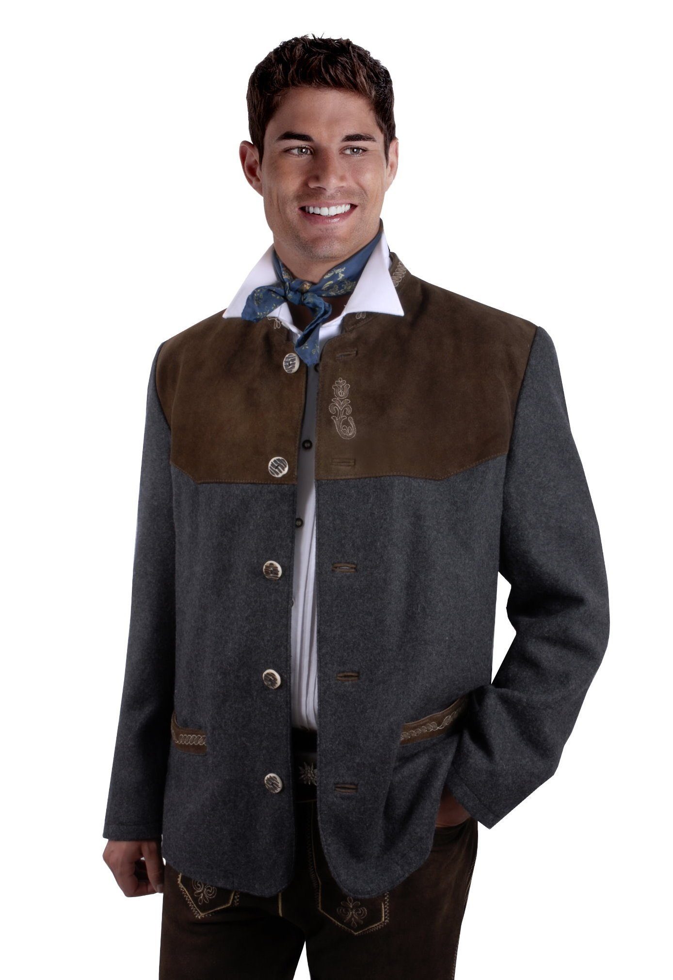 Trachtenjacke Trachtenjacke Herren Trachtenblazer mit Leder Trachtenjanker zur Lederhose Grau Anthrazit Braun mit echten Velour-Leder-Besätzen