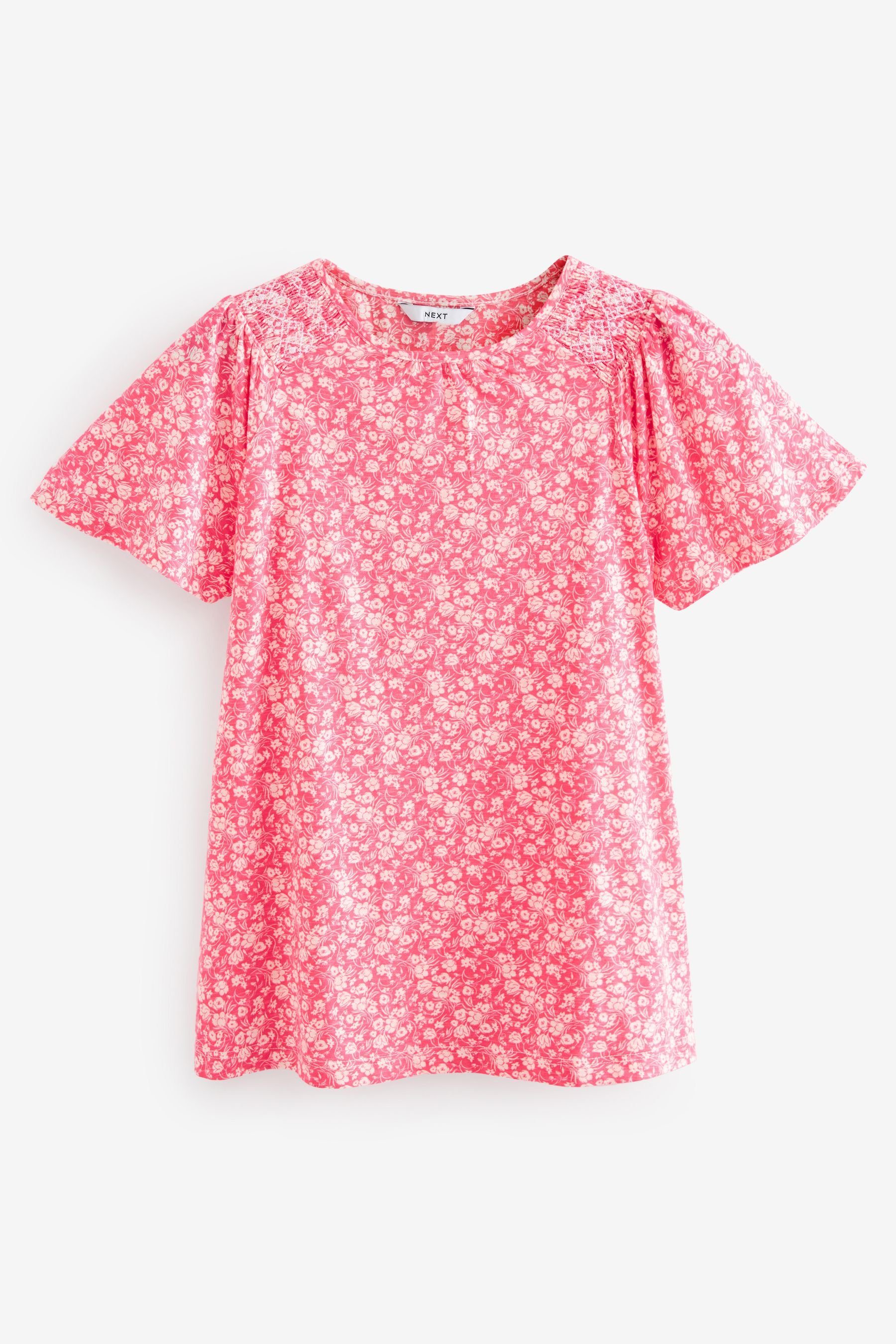 Next T-Shirt Gesmoktes Kurzarm-Top mit rundem Ausschnitt (1-tlg) Pink Floral Ditsy