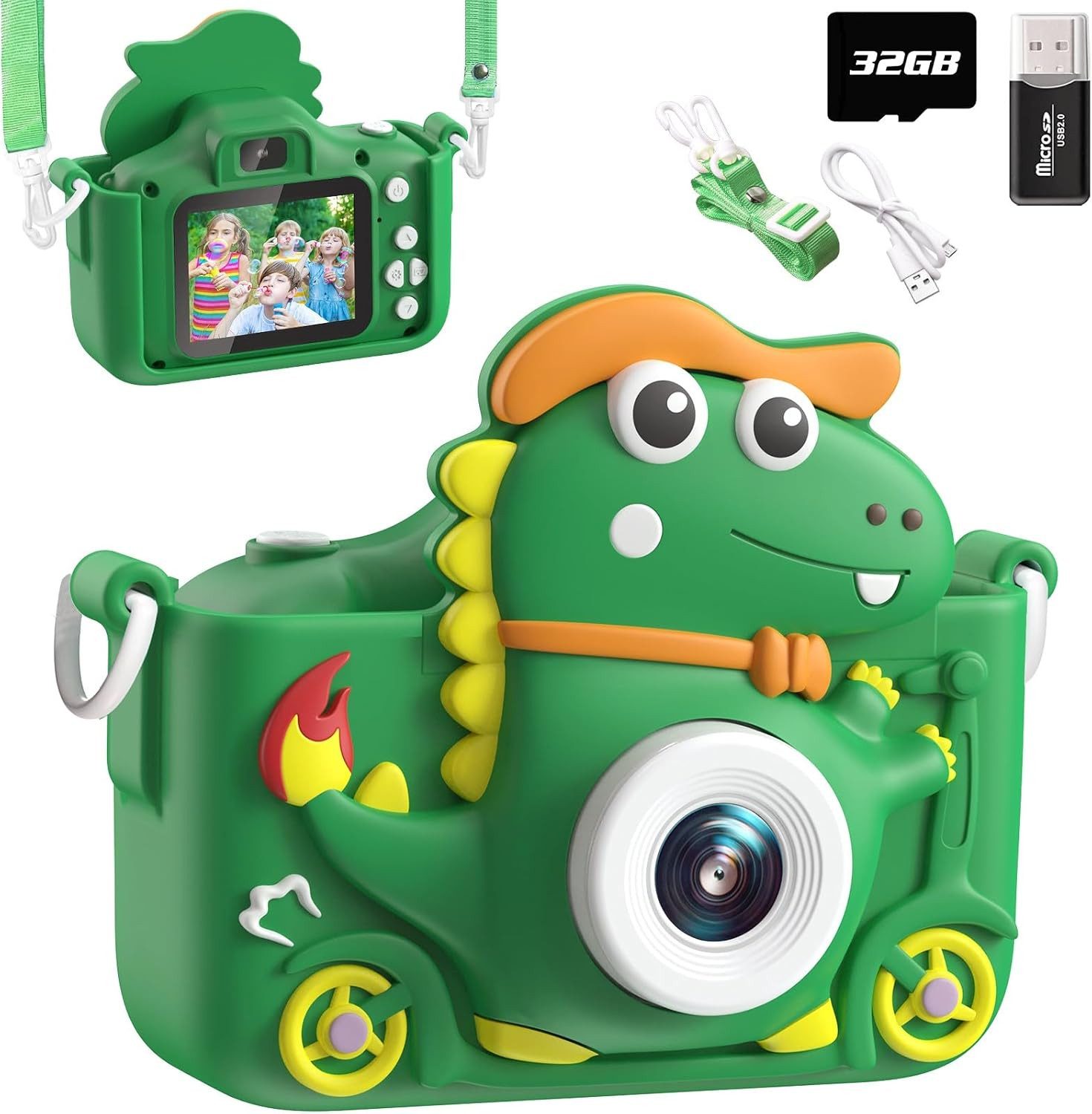 Spielzeug-Kamera 2" Display 1080P, Kinderkamera Dinosaurier 32G Karte Kinderkamera
