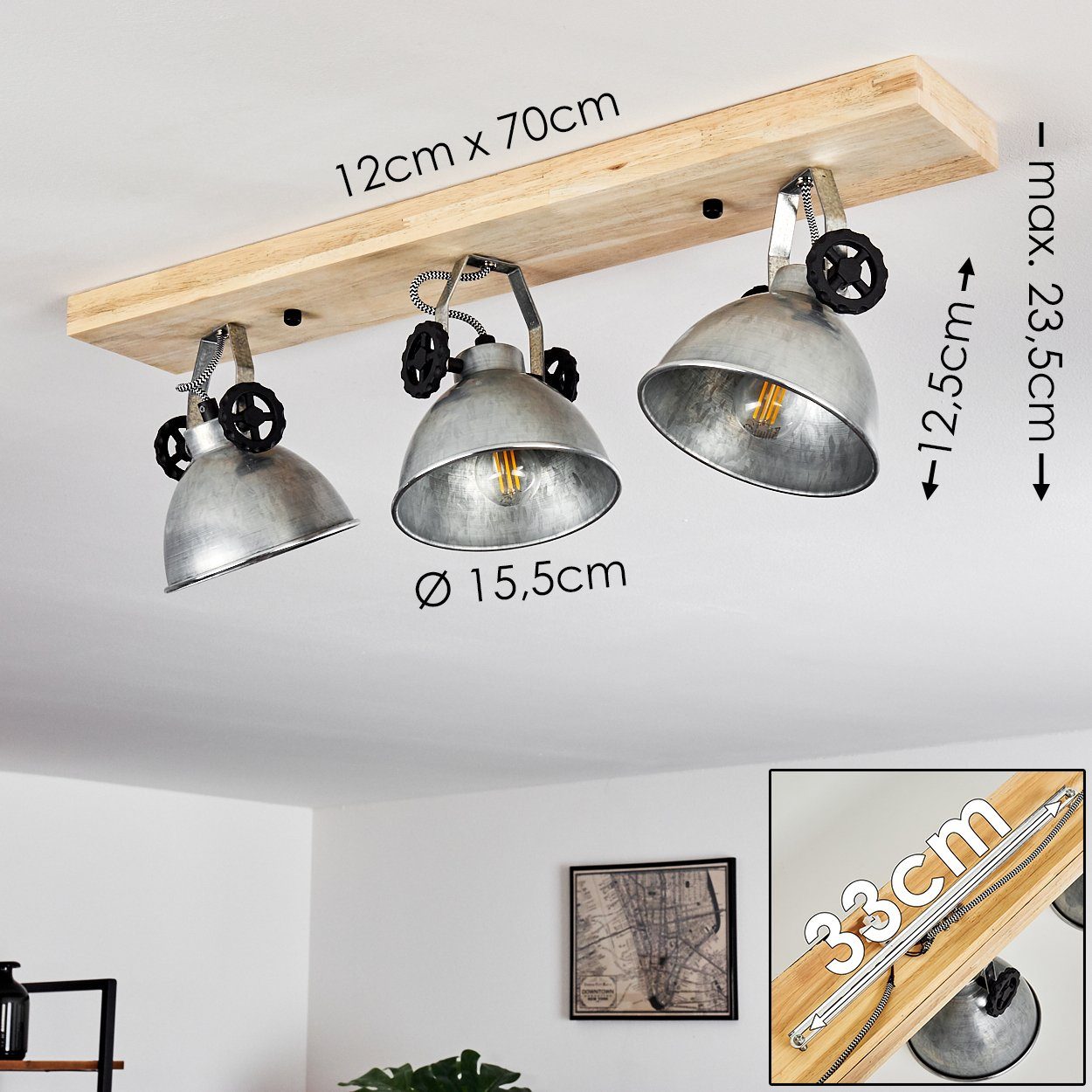 Retro/Vinatge Silber/Braun, in aus Deckenleuchte Metall Strahlern, Holz ohne hofstein »Mot« 3xE14, und Deckenlampe mit Design verstellbaren Leuchtmittel,