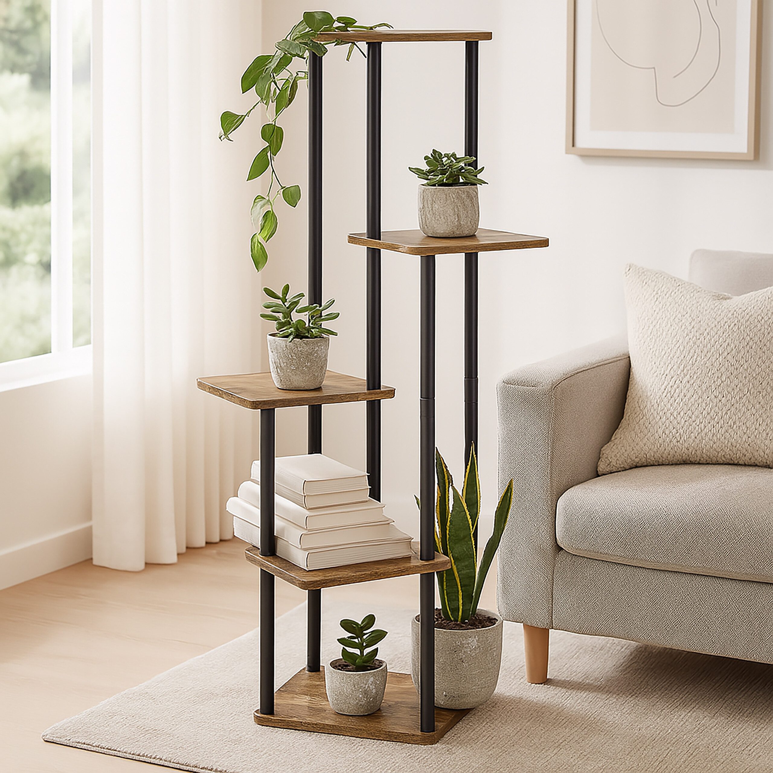 relaxdays Pflanzentreppe Pflanzenregal mit 5 eckigen Ablagen, Industrial-Schwarz