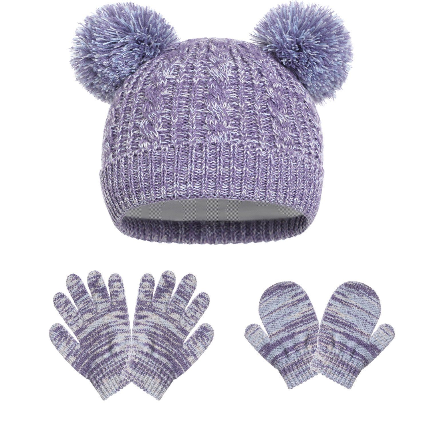 MAGICSHE Bommelmütze Mütze & Handschuhe Wintermütze Mit Wollfutter für Kinder im Alter von 1-5 Lila1